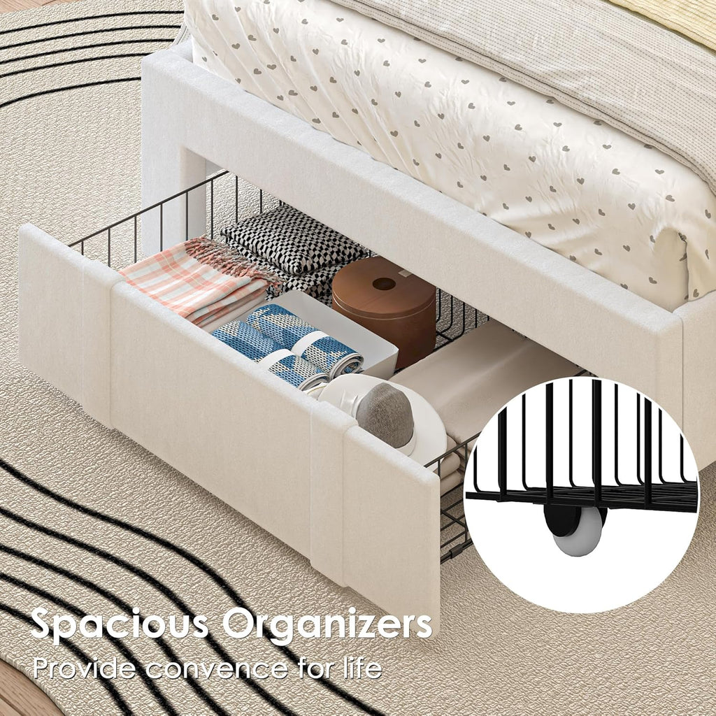 VECELO Twin Size Upholstered Bed Frame with Storage Drawer, Adjustable Velvet Rivet Decor Headboard, Wooden Slats Platform Support, No Box Spring Needed, Easy Assembly,White