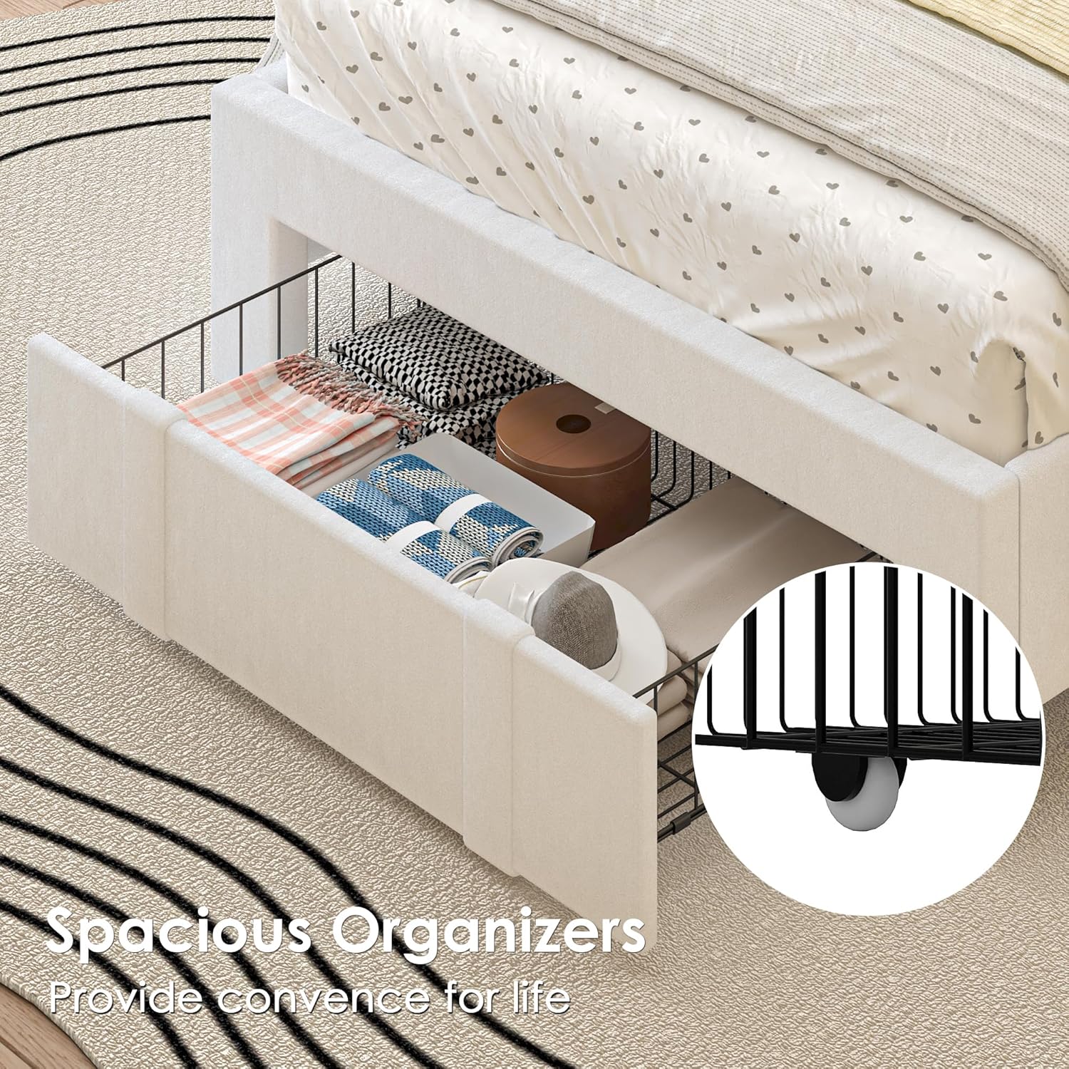 VECELO Twin Size Upholstered Bed Frame with Storage Drawer, Adjustable Velvet Rivet Decor Headboard, Wooden Slats Platform Support, No Box Spring Needed, Easy Assembly,White