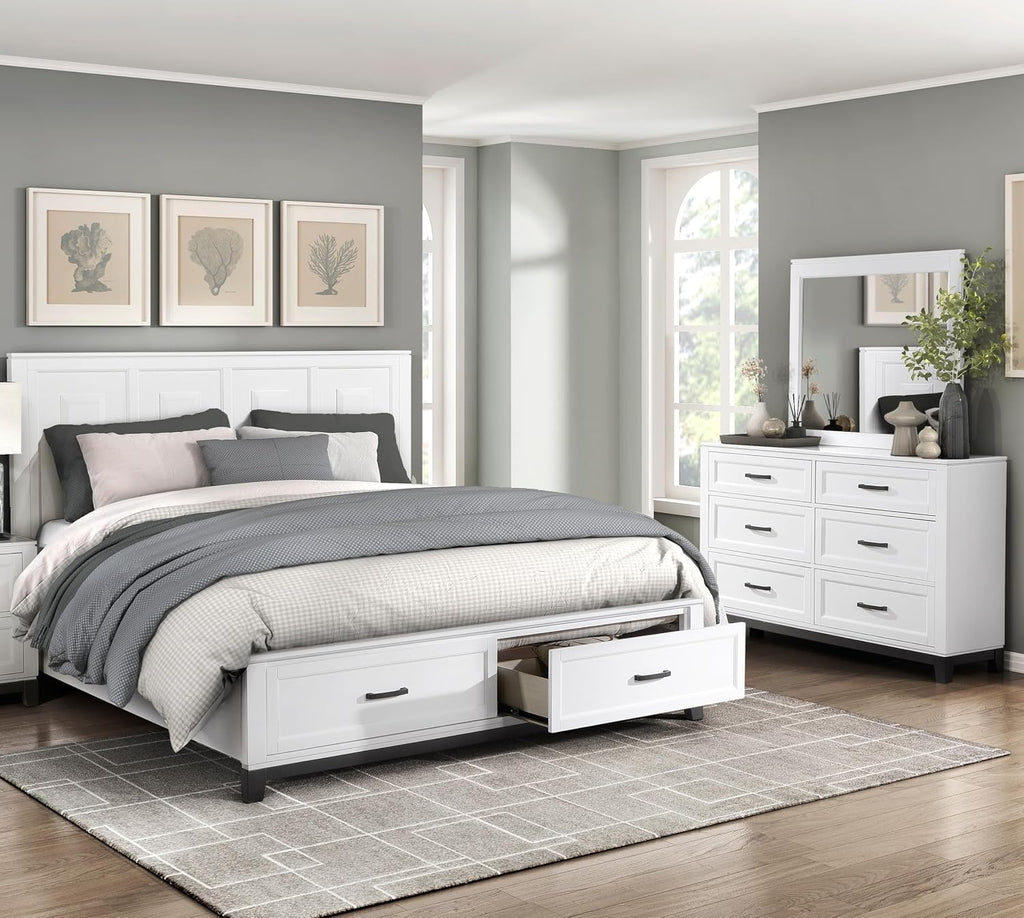 3-Pc Set Bedroom King Size White Platform Bed w Footboard Drawers Wooden Rustic Style Furniture