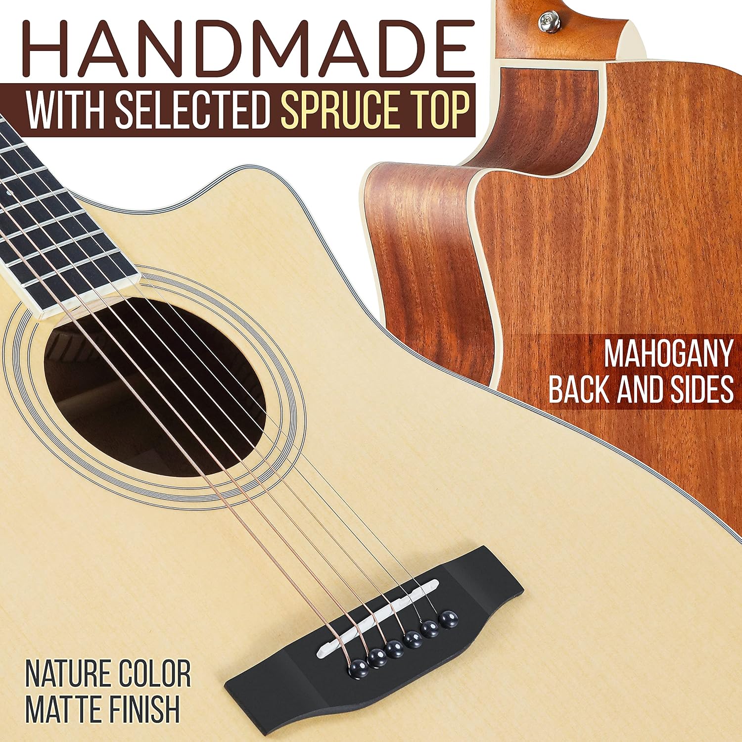 Pyle Premium Electric Acoustic Guitar Kit, 41' Full Size Dreadnought Cutaway with Spruce Top, Mahogany Sides, Gig Bag, Strap, Pickguard, Picks, Extra Steel String Set for Beginners, Advanced, Natural