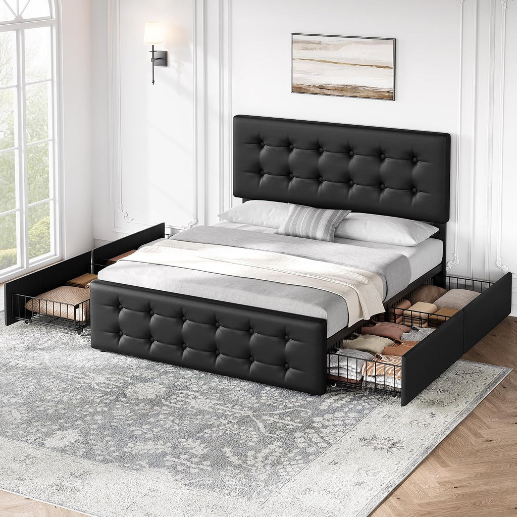 GAOMON Full Size Bed Frame with 4 Storage Drawers and Headboard, Faux Leather Upholstered Platform Bed Frame with Wooden Slats Support, Button Tufted Design, No Box Spring Needed, Black