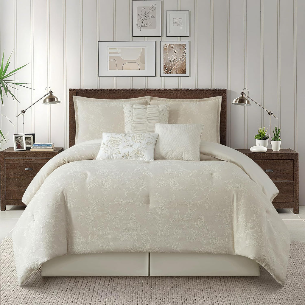 Grand Avenue Beige Cotton Blend Comforter Set, Elegant 7 Piece, Floral Jacquard California King Size Bedding, All Season, Bedskirt, Pillows & Shams, Home Decor
