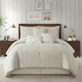 Grand Avenue Beige Cotton Blend Comforter Set, Elegant 7 Piece, Floral Jacquard California King Size Bedding, All Season, Bedskirt, Pillows & Shams, Home Decor