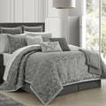 LANCO MODERN LIFESTYLE Grey Queen Comforter Set, Classic Jacquard Floral 14 Pieces Bedding Set, Ultra Soft for All Seasons, Sheets, Bedskirt, Throw, Matching Shams and Decor Pillows