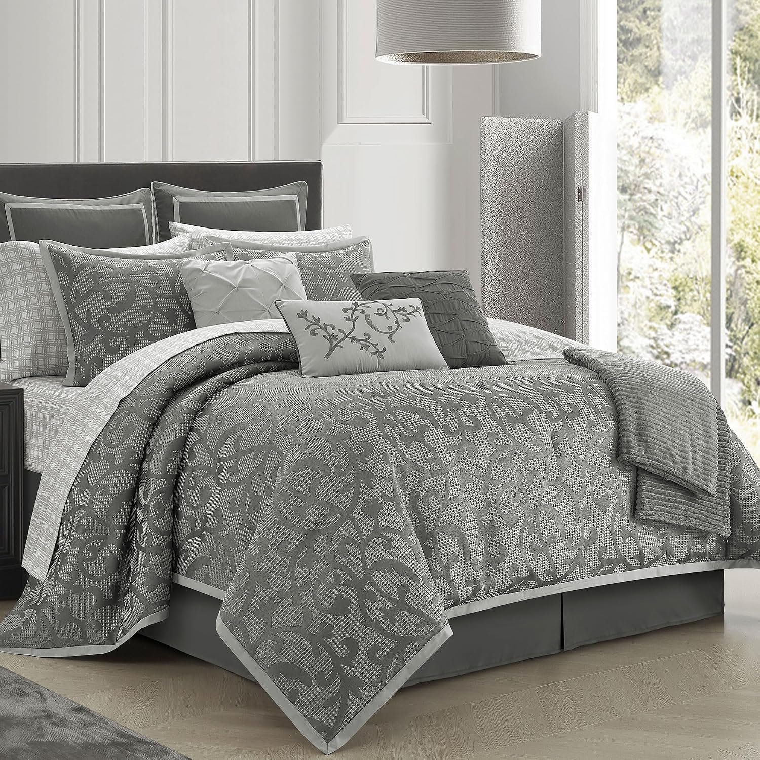 LANCO MODERN LIFESTYLE Grey Queen Comforter Set, Classic Jacquard Floral 14 Pieces Bedding Set, Ultra Soft for All Seasons, Sheets, Bedskirt, Throw, Matching Shams and Decor Pillows