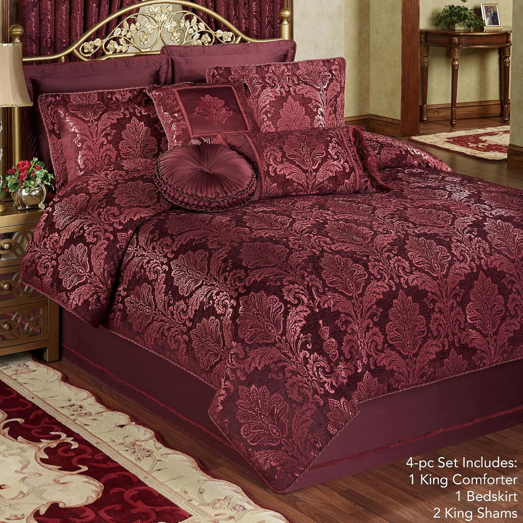 Touch of Class Camelot Luxury Bedding | Robust Burgundy | Matte Satin Damask on Richly Textured Jacquard-Woven Chenille Design | 4 Piece Set Includes King Comforter, Bedskirt, and 2 King Shams