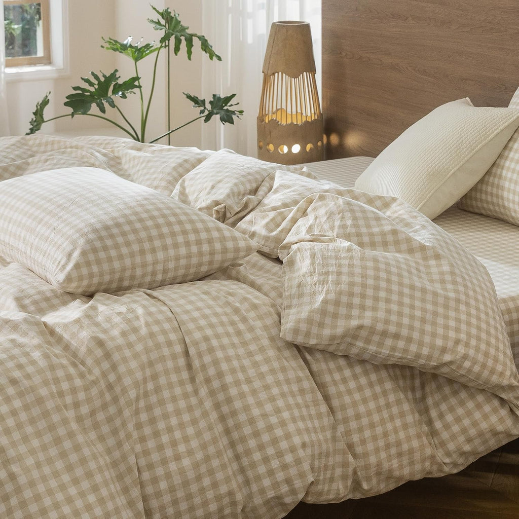 MooMee Gingham Duvet Cover Set 100% Washed Cotton Linen Like Textured Breathable Durable Soft Comfy Modern Checkered Design (Almond Milk Grey Gingham, Super King 108'x98')
