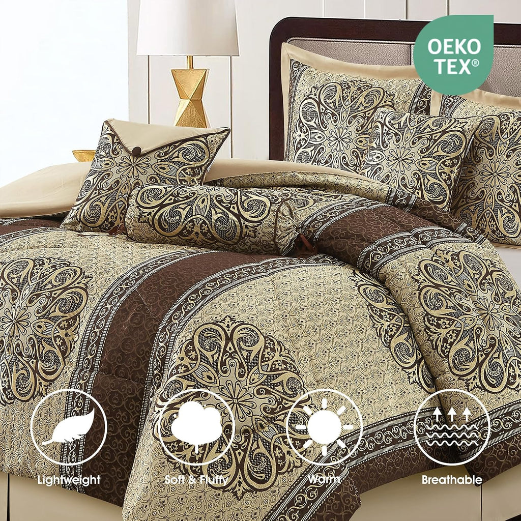 LANCO MODERN LIFESTYLE California King Comforter Set, Brown Medallion Jacquard Design, Luxurious Bohemian 7 Pieces Bedding Set with Decorative Pillows and Bed Skirt