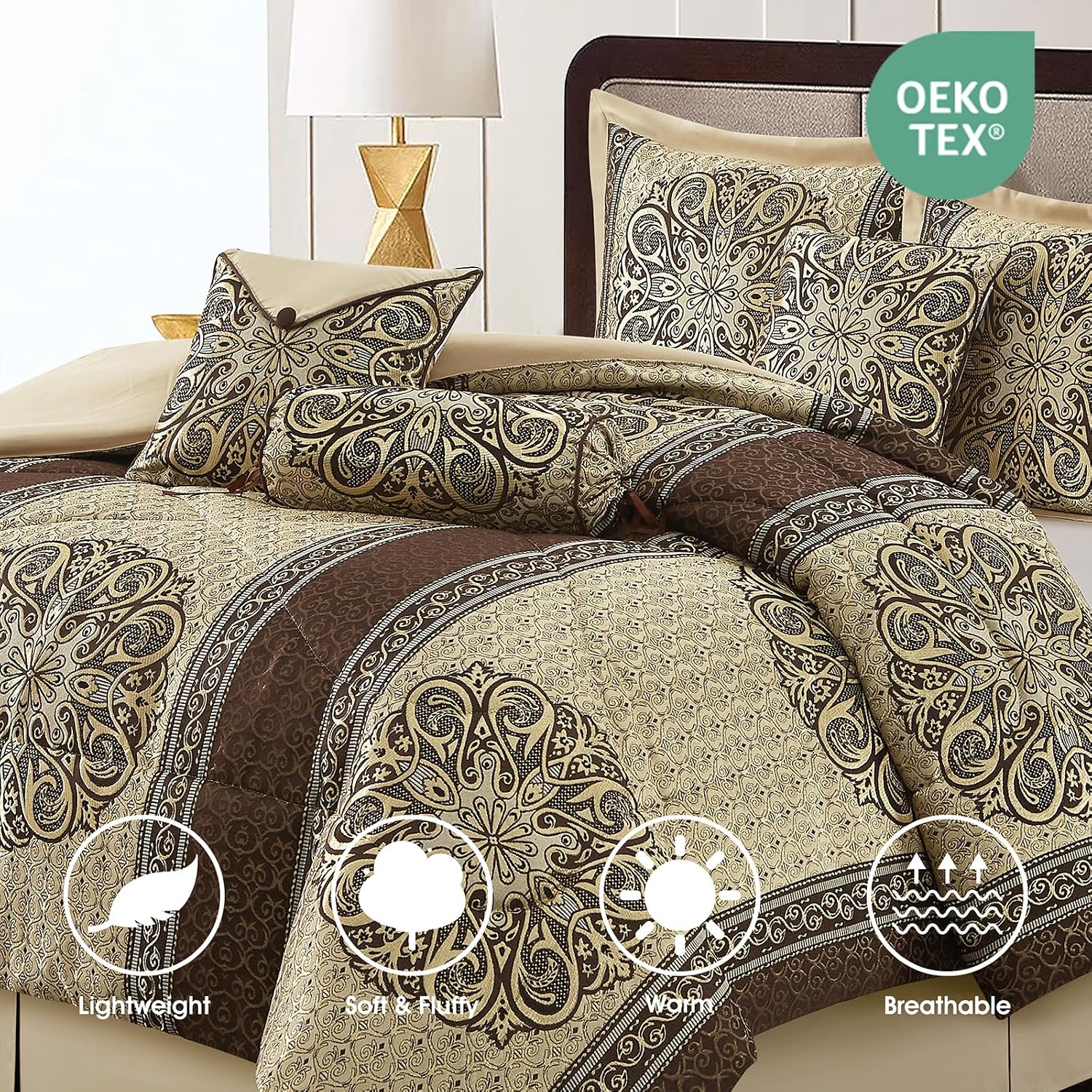 LANCO MODERN LIFESTYLE California King Comforter Set, Brown Medallion Jacquard Design, Luxurious Bohemian 7 Pieces Bedding Set with Decorative Pillows and Bed Skirt