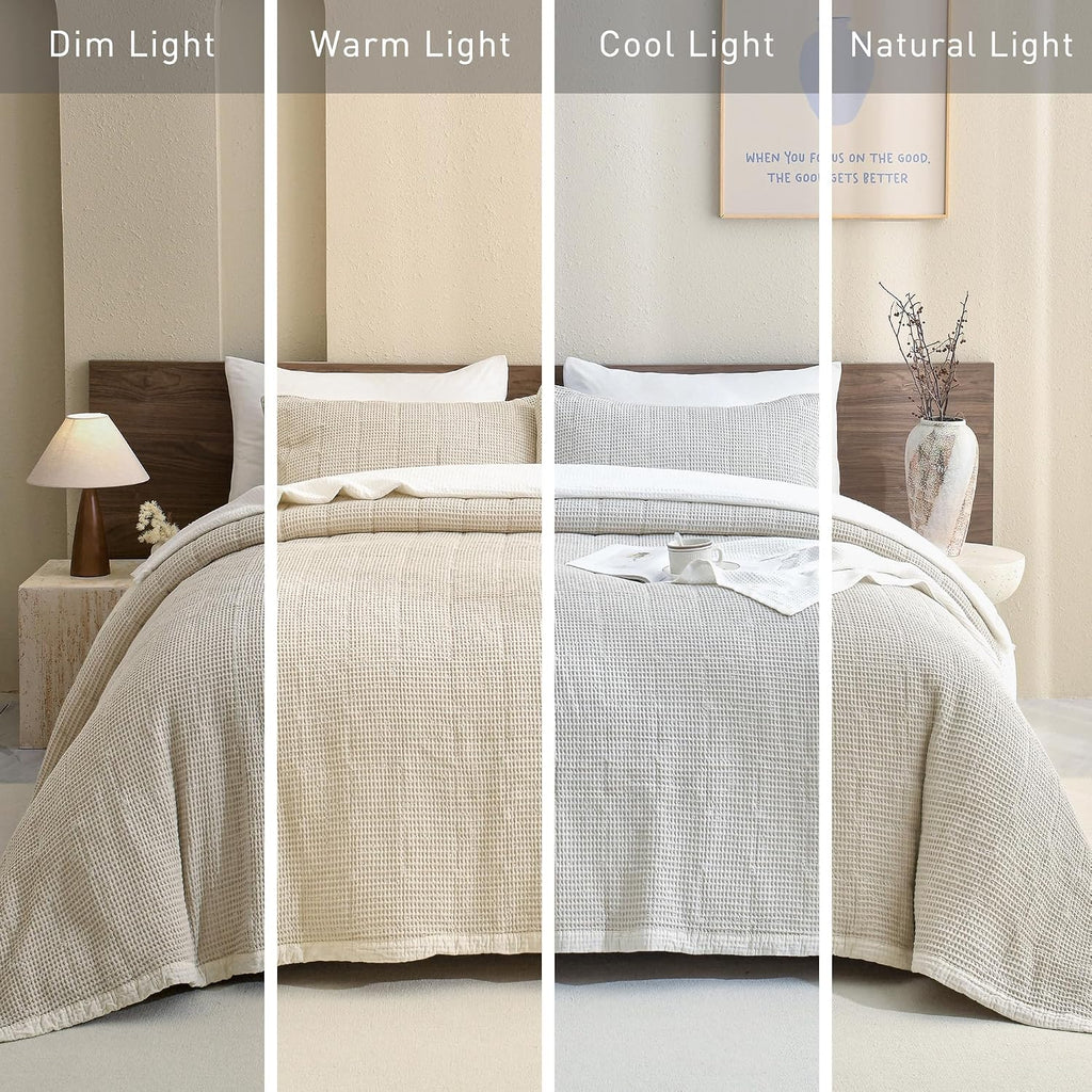 CozyTide King Size Quilt(110x98 Inch),100% Cotton Light Khaki King Quilt Bedding Set,Vintage Farmhouse Boho Lightweight Waffle Bedspread Ultra Soft