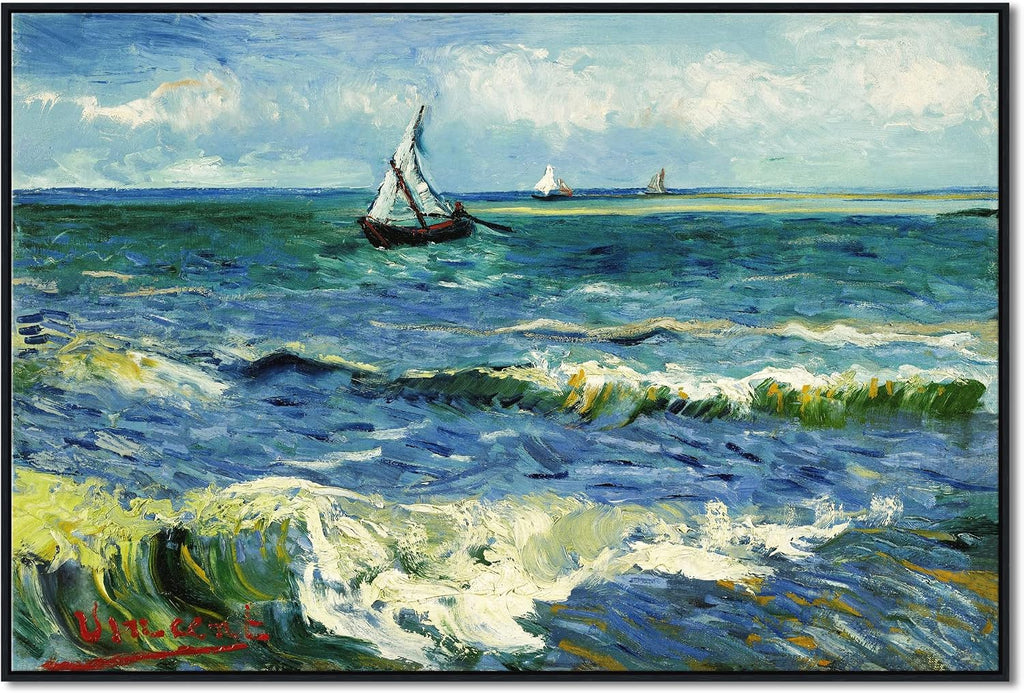 Wieco Art Extra Large Black Framed Canvas Prints Seascape at Saintes Maries by Vincent Van Gogh Modern ArtWork Sea Pictures on Canvas for Living Room Home Decorations