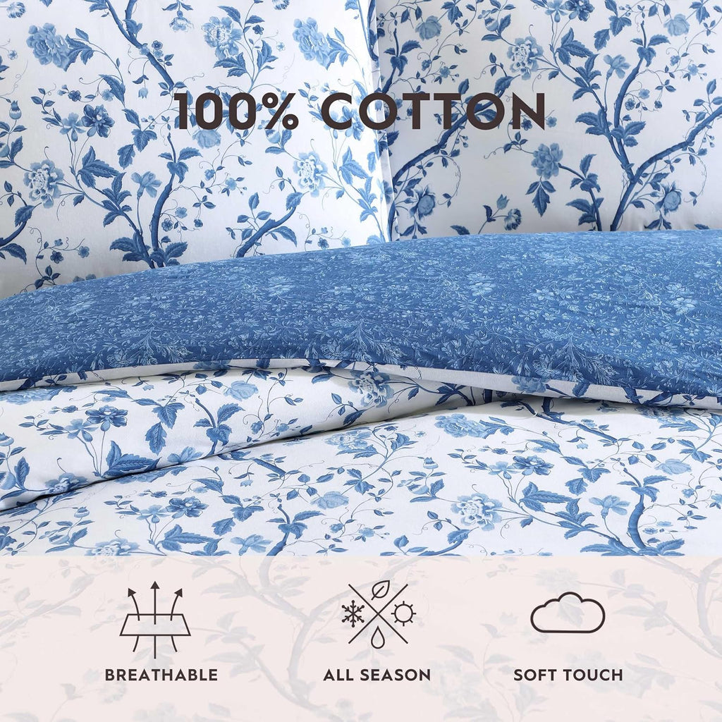 Laura Ashley - King Comforter Set, Reversible Cotton Bedding, Includes Matching Shams with Bonus Euro Shams & Throw Pills (Elise Blue, King)