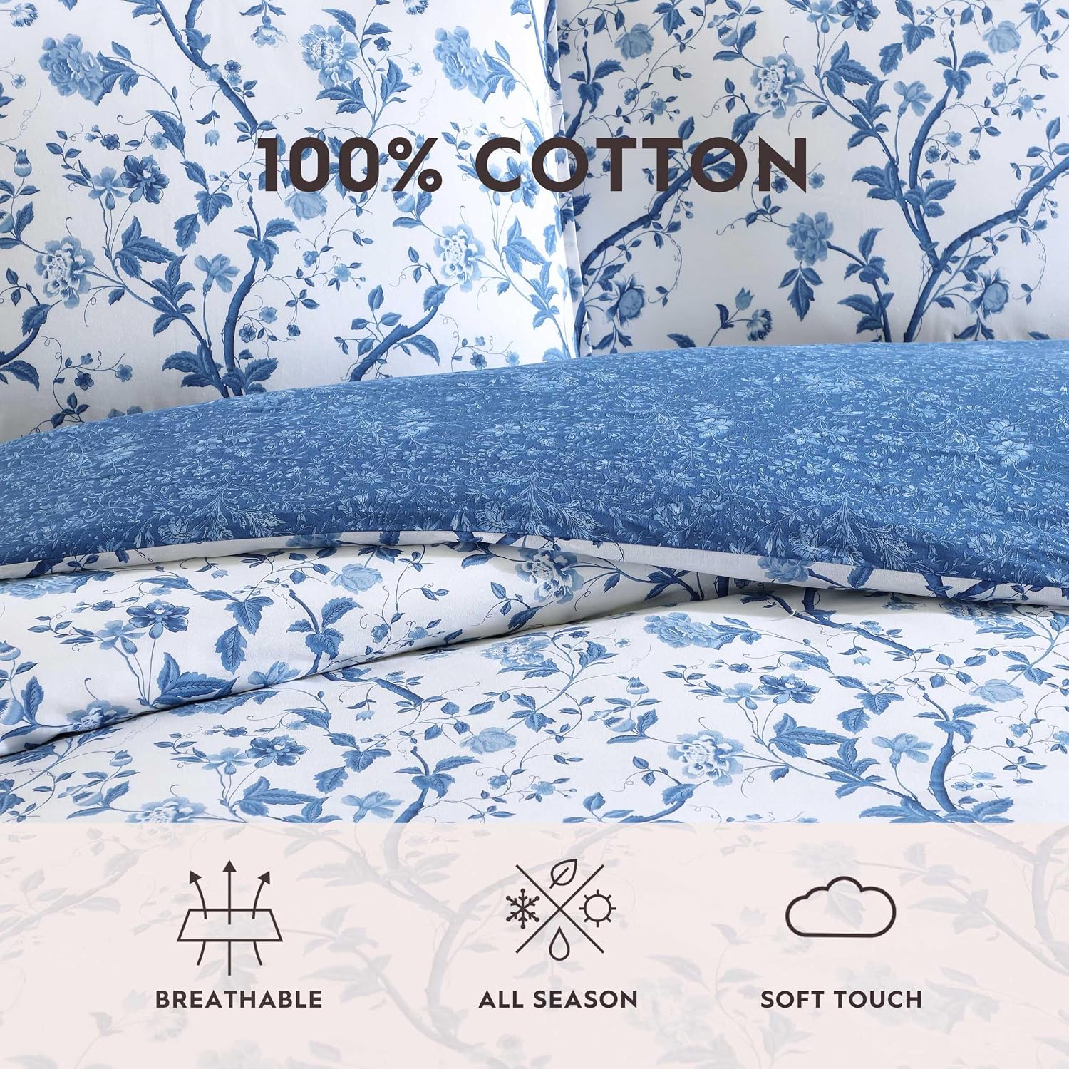 Laura Ashley - King Comforter Set, Reversible Cotton Bedding, Includes Matching Shams with Bonus Euro Shams & Throw Pills (Elise Blue, King)