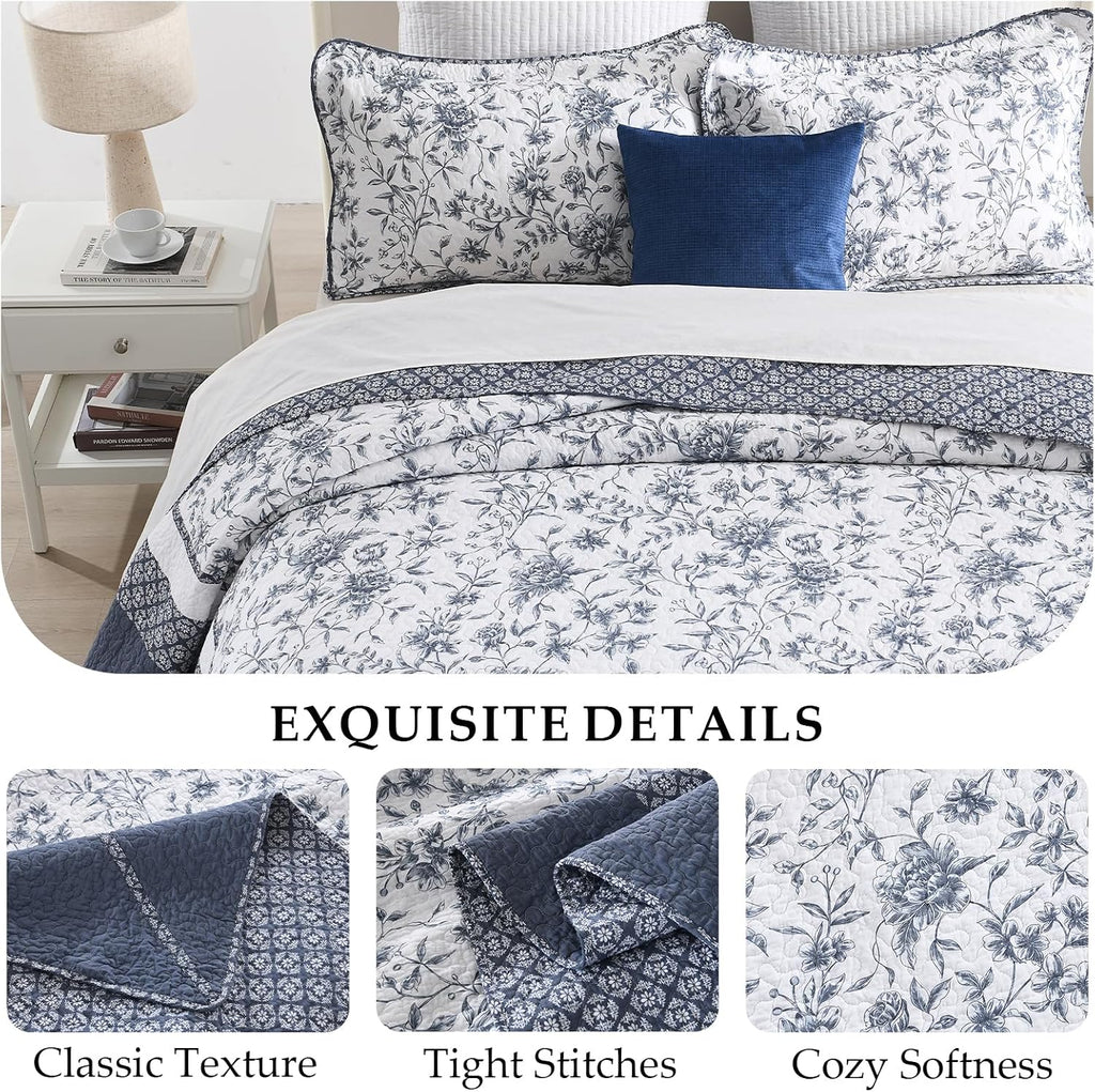 Floral Bedspread 102'x120' Oversized Queen Bedspread, 100% Cotton Oversized Queen Quilt with 2 Pillow Shams, Lightweight Garden Quilted Bedspreads Coverlet Sets, Blue/White, 3 Pcs