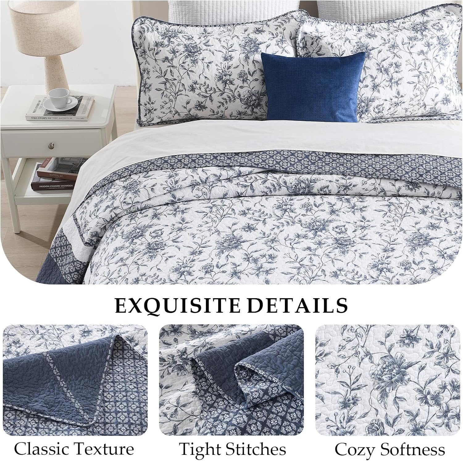 Floral Bedspread 128'x120' California King Bedspread, 100% Cotton XL Oversized King Quilt with 2 Pillowshams, Lightweight Garden Quilted Bedspreads Coverlet Set, Blue/White, 3 Pcs