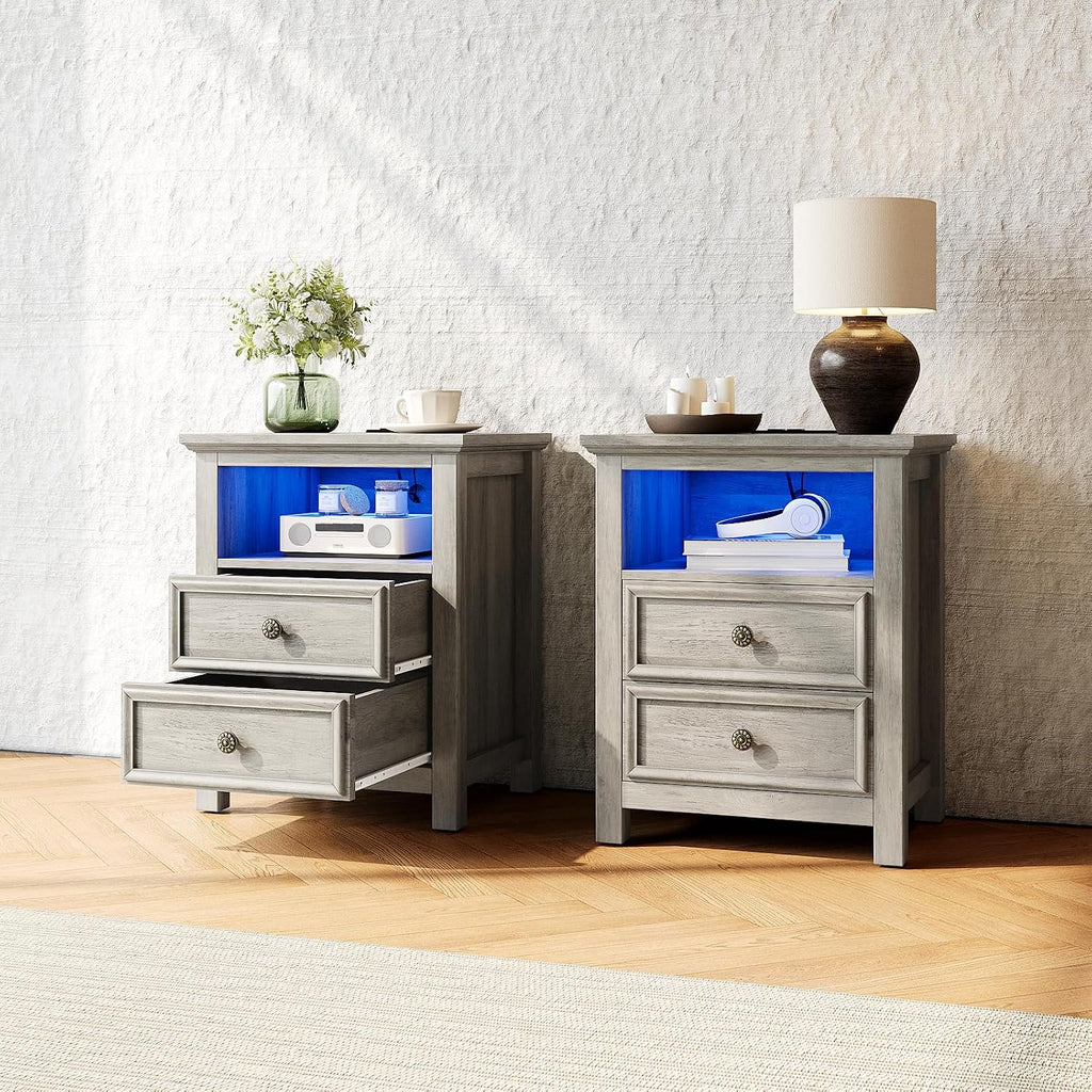 Set of 2 Nightstand with Charger Station Strip Lights,20' W Night Stand with Drawers for Bedroom, Large Accent Bed Side Table and End Table with Open Compartment-Easy Pull Handle, Textured Border,Gray