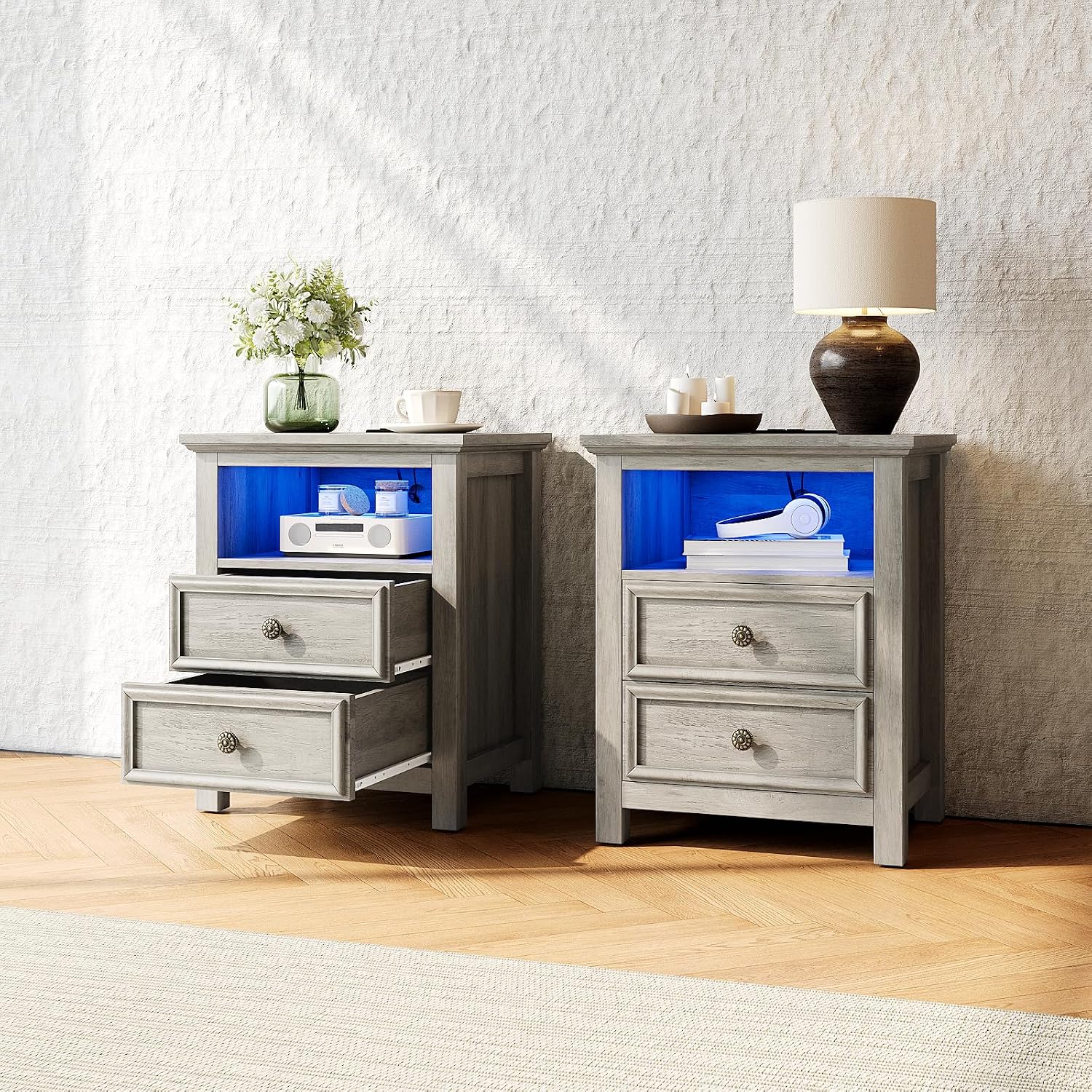 Set of 2 Nightstand with Charger Station Strip Lights,20' W Night Stand with Drawers for Bedroom, Large Accent Bed Side Table and End Table with Open Compartment-Easy Pull Handle, Textured Border,Gray