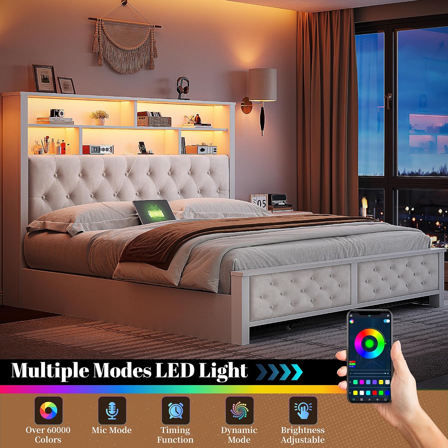 EnHomee Queen Bed Frame with Storage Headboard & 4 Drawers,Wooden Bed Frame Queen Size with Charging Station & LED Lights Upholstered,NO Noise,No Box Spring Needed,Beige