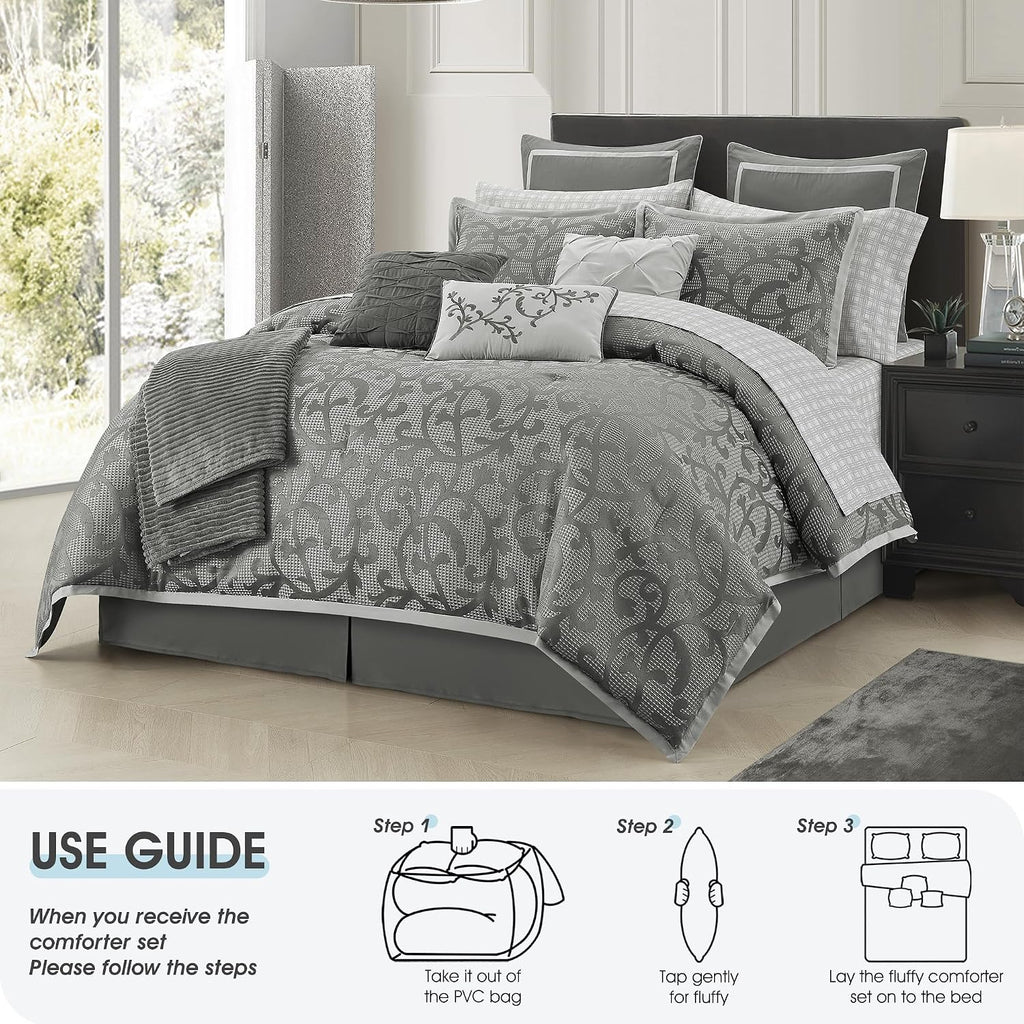 LANCO MODERN LIFESTYLE Grey Queen Comforter Set, Classic Jacquard Floral 14 Pieces Bedding Set, Ultra Soft for All Seasons, Sheets, Bedskirt, Throw, Matching Shams and Decor Pillows