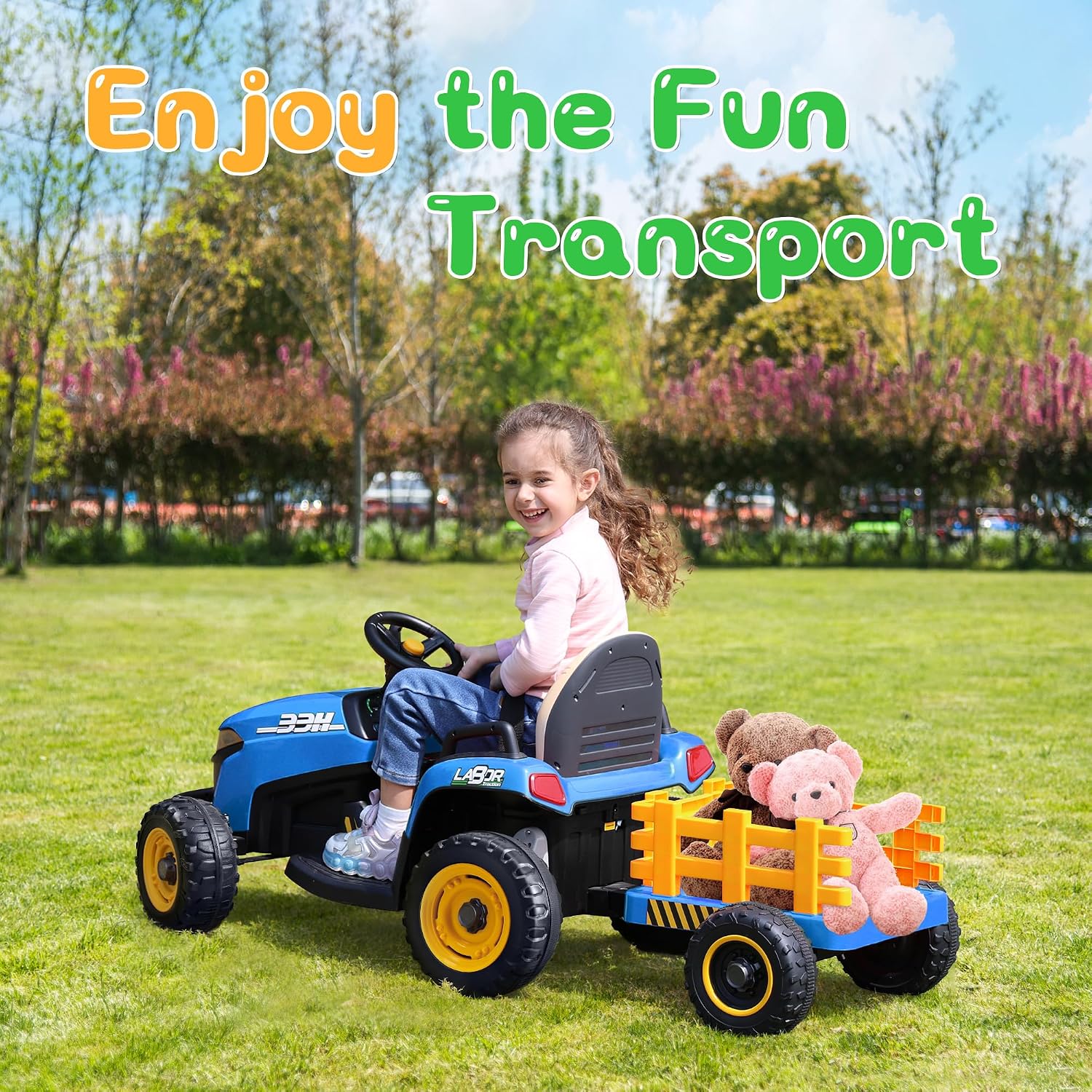 ANPABO 24V Ride On Tractor w/Tiltable & Detachable Trailer, EVA Tires, Up to 4.3Mph, Ride On Toys with Parental Remote, Realistic Tractor Sound & Chimney, Music Player, LED Light, Blue