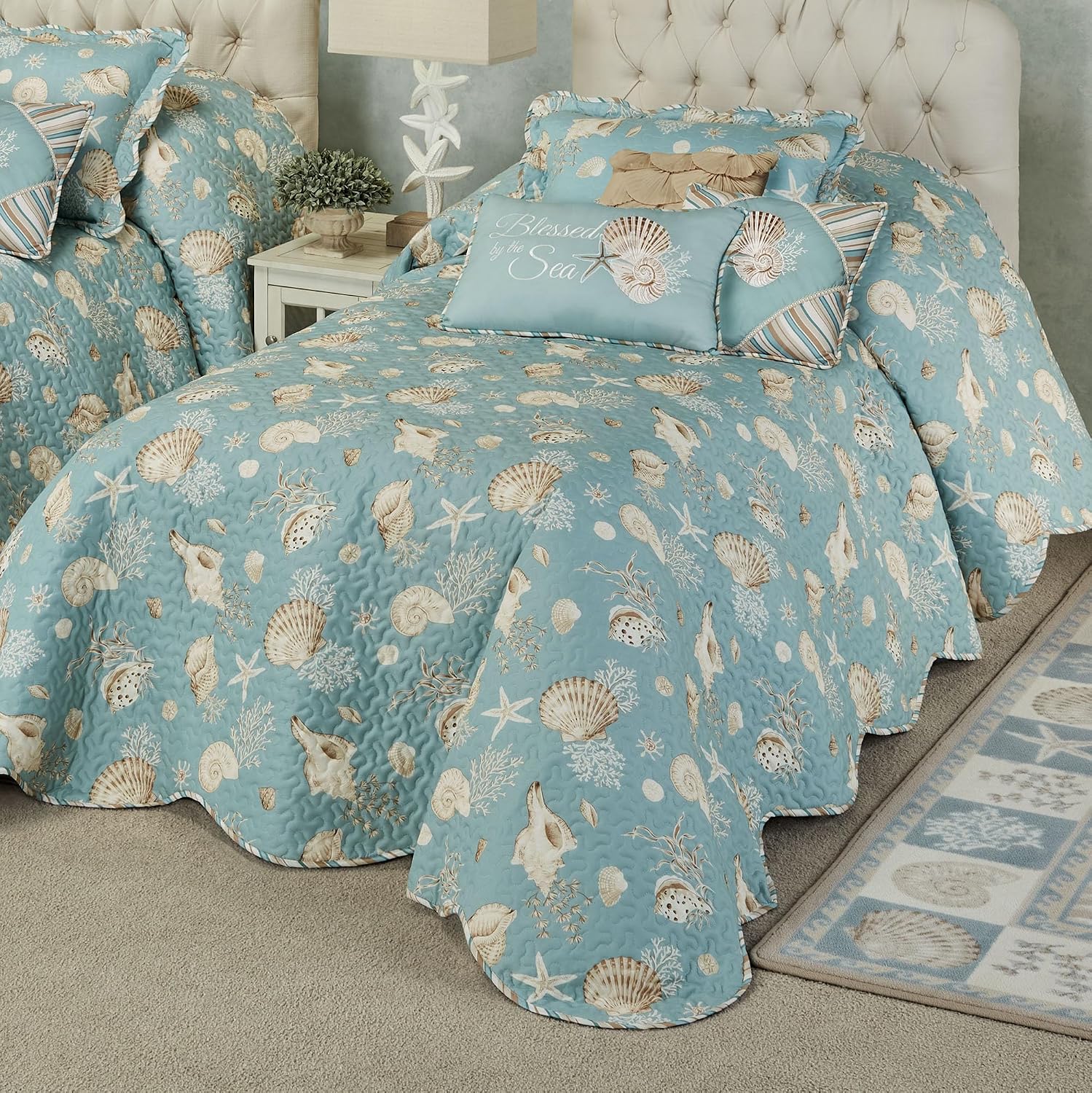 Seabreeze Coastal Beach Polyester Bedding | All Season Quilted | Shell Starfish Coral Stripe | Aqua Teal Ivory Cream | 5 Pc Set: Twin Bedspread, 1 Standard Sham, 2 Square Pillows, 1 Rectangle Pillow