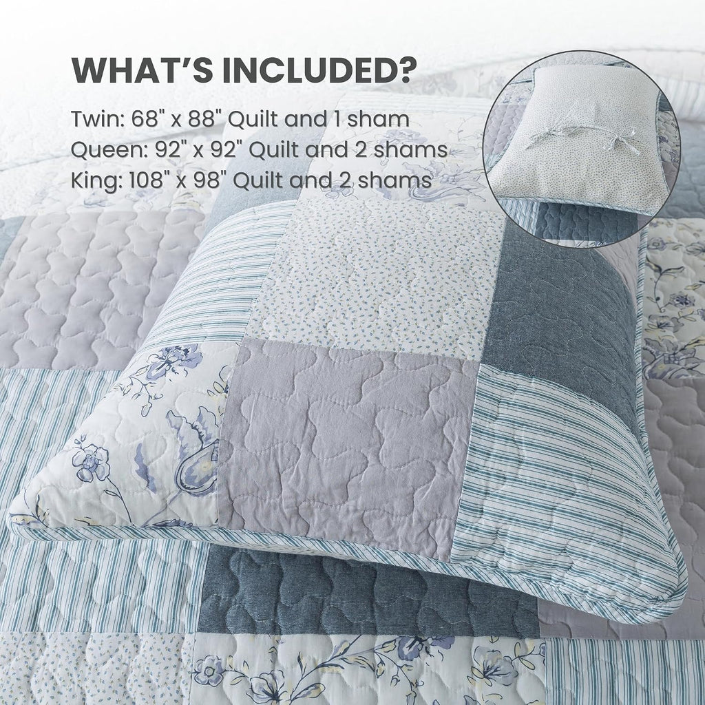 SLPR Coastal Dream Cotton Pieced Quilt Set - King Size with 2 Shams, Soft Purple & Blue Patchwork Quilted Bedspread, Farmhouse Country Style Bedding for All Seasons