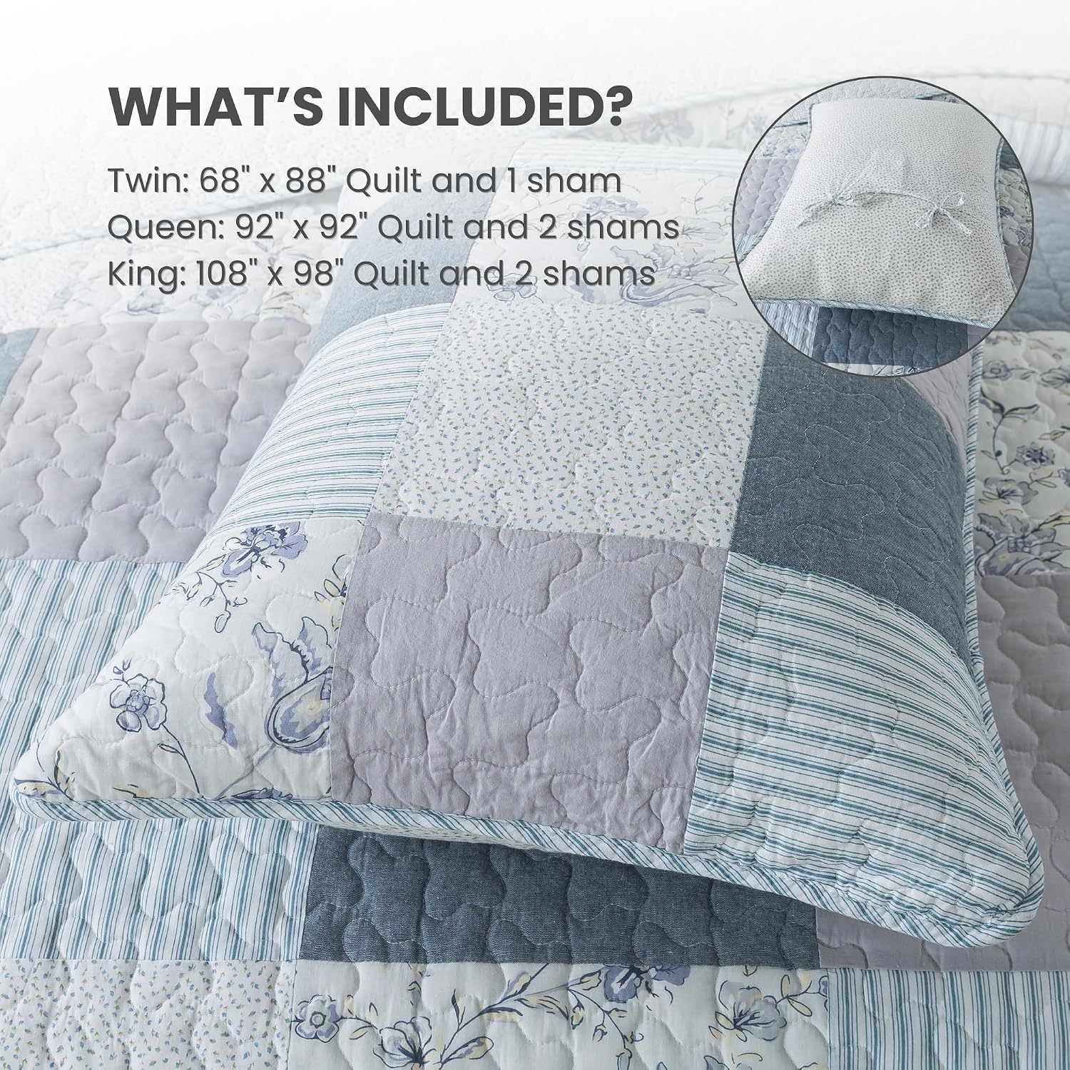 SLPR Coastal Dream Cotton Pieced Quilt Set - King Size with 2 Shams, Soft Purple & Blue Patchwork Quilted Bedspread, Farmhouse Country Style Bedding for All Seasons