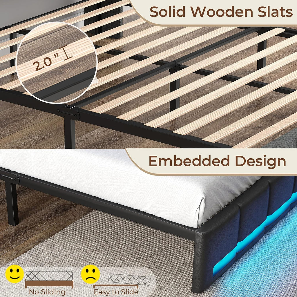 Rolanstar Full Size Bed Frame with LED Lights and Charging Station, Upholstered Headboard with 2-Tier Storage Shelves, Heavy Duty Metal Frame, Noise-Free Support, Easy Assembly, No Box Spring Needed