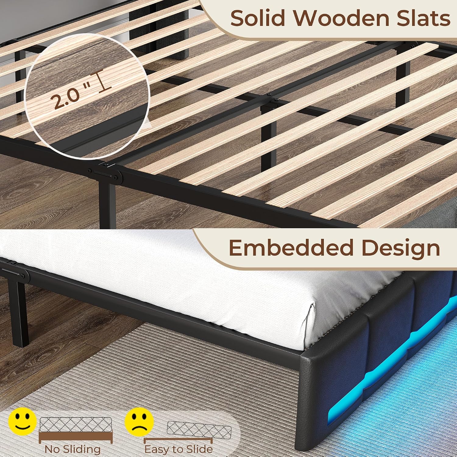 Rolanstar Full Size Bed Frame with LED Lights and Charging Station, Upholstered Headboard with 2-Tier Storage Shelves, Heavy Duty Metal Frame, Noise-Free Support, Easy Assembly, No Box Spring Needed