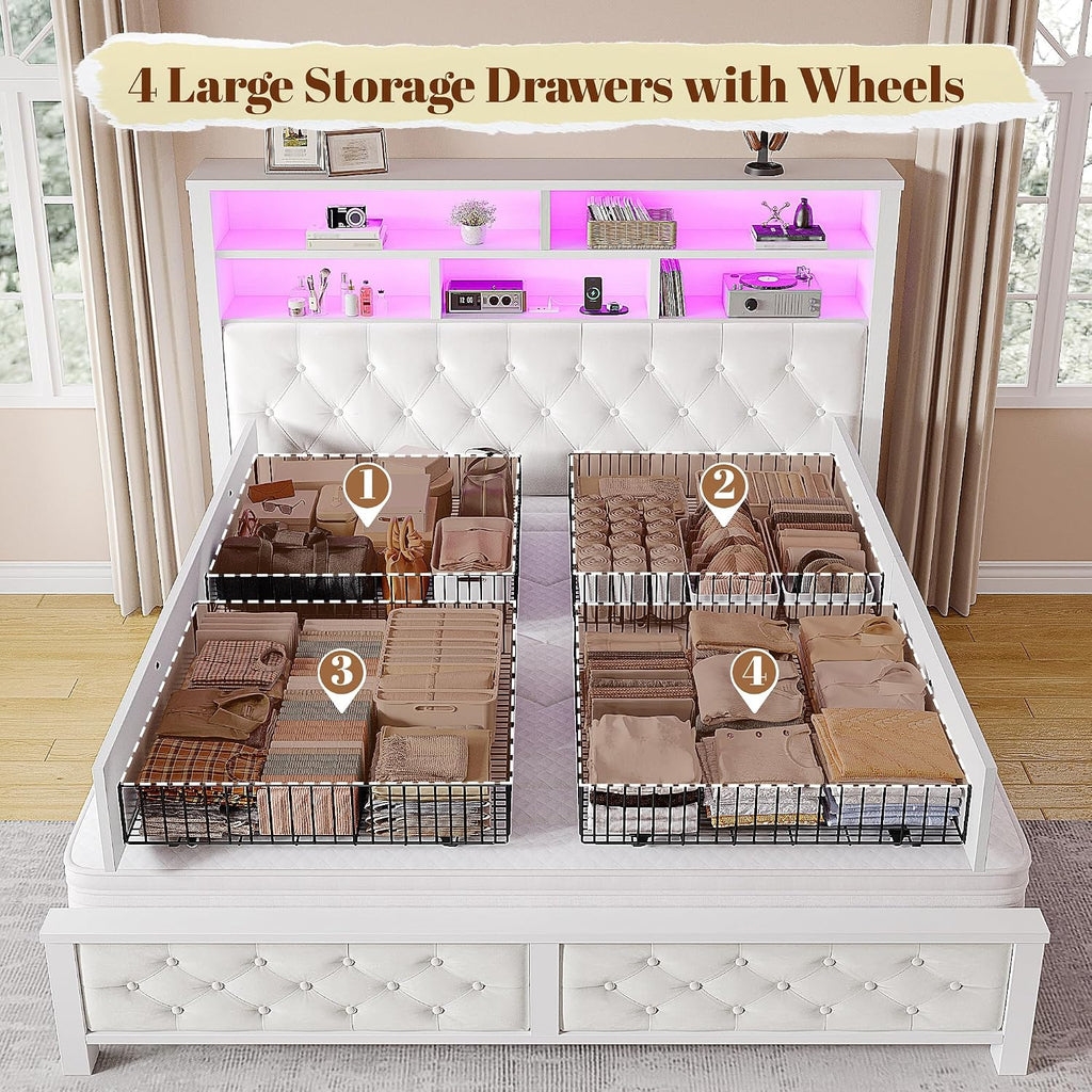 EnHomee Queen Bed Frame with Storage Headboard & 4 Drawers,Wooden Bed Frame Queen Size with Charging Station & LED Lights Upholstered,NO Noise,No Box Spring Needed,Beige