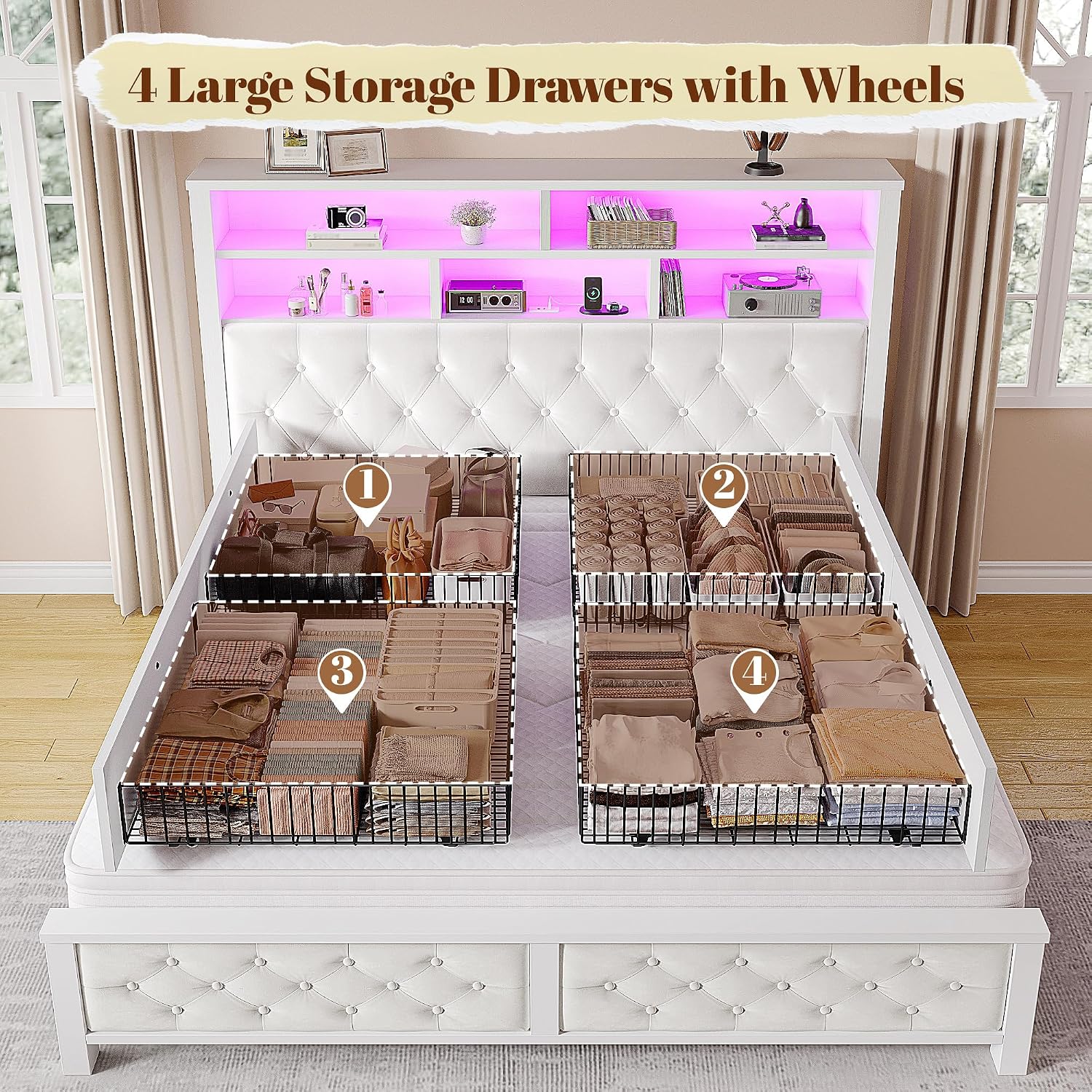 EnHomee Queen Bed Frame with Storage Headboard & 4 Drawers,Wooden Bed Frame Queen Size with Charging Station & LED Lights Upholstered,NO Noise,No Box Spring Needed,Beige