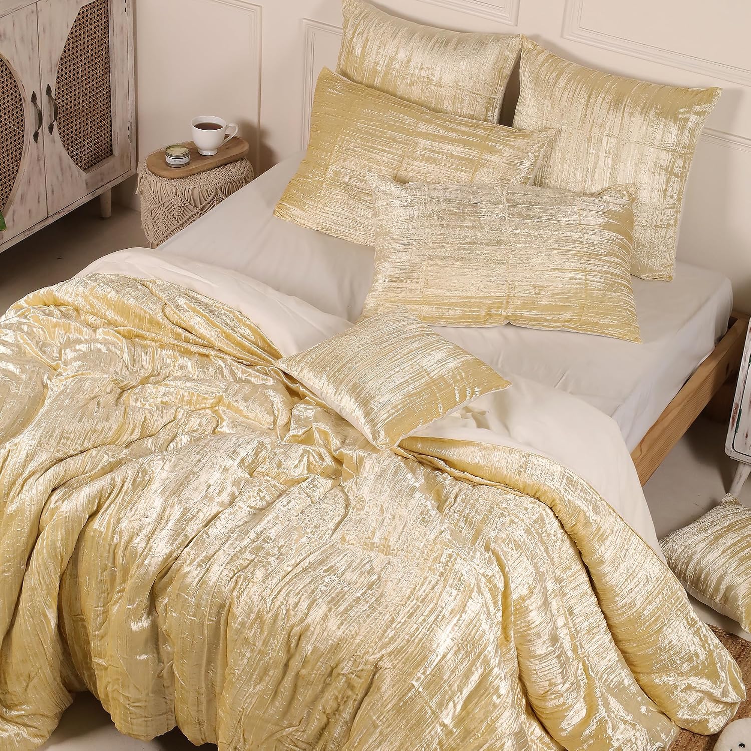 The Harry Creations 3 Pcs Set Solid Pattern Velvet Bedding Ultra Donna Crushed Luxury Boho Duvet Cover (Crush- Custard Yellow, Super King Plus 114' x 118')