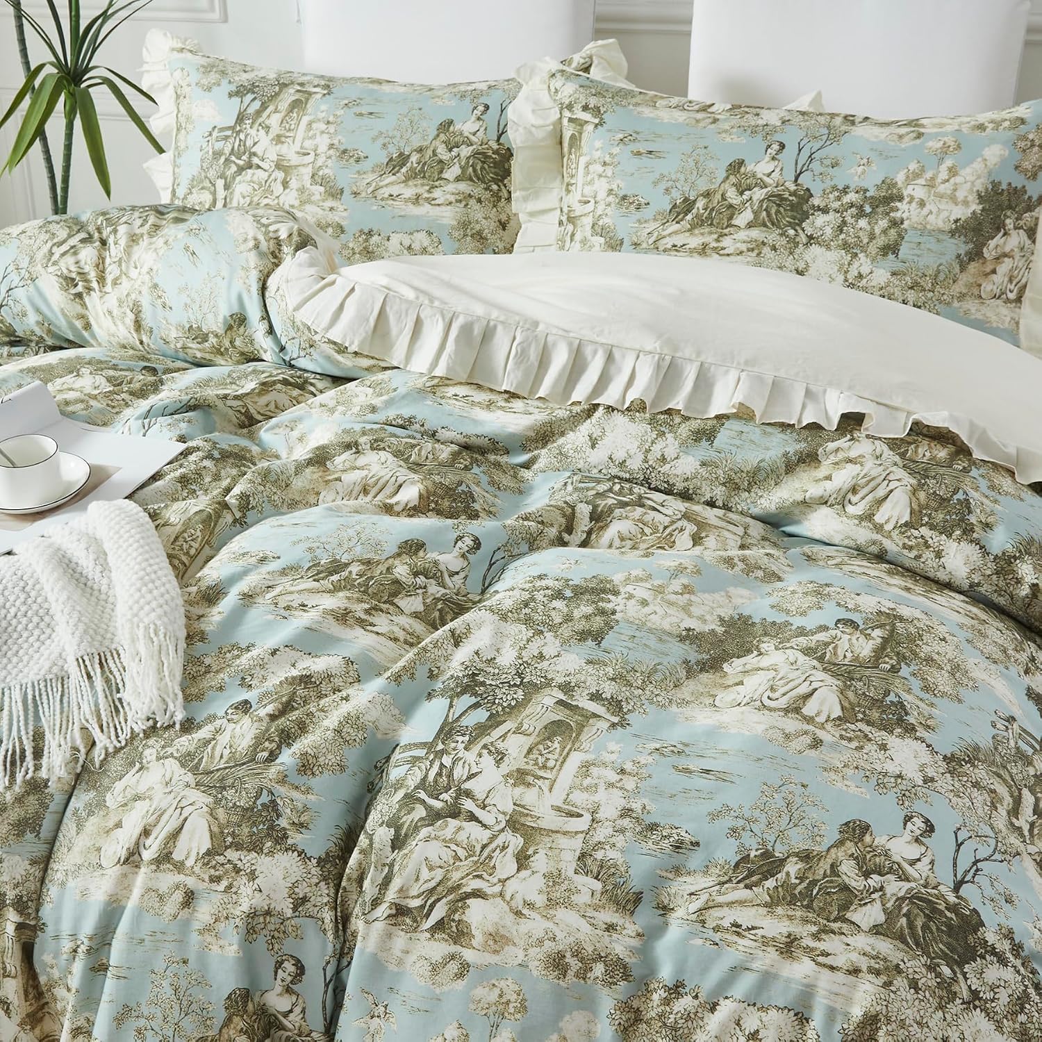 Brandream French Country Toile Queen Duvet Cover Set for Girl Women Bedroom Vintage Cottagecore Toile Floral Print 100% Cotton Duvet Quilt Comforter Cover Pillow Shams Set with Delicate Ruffle Fringe