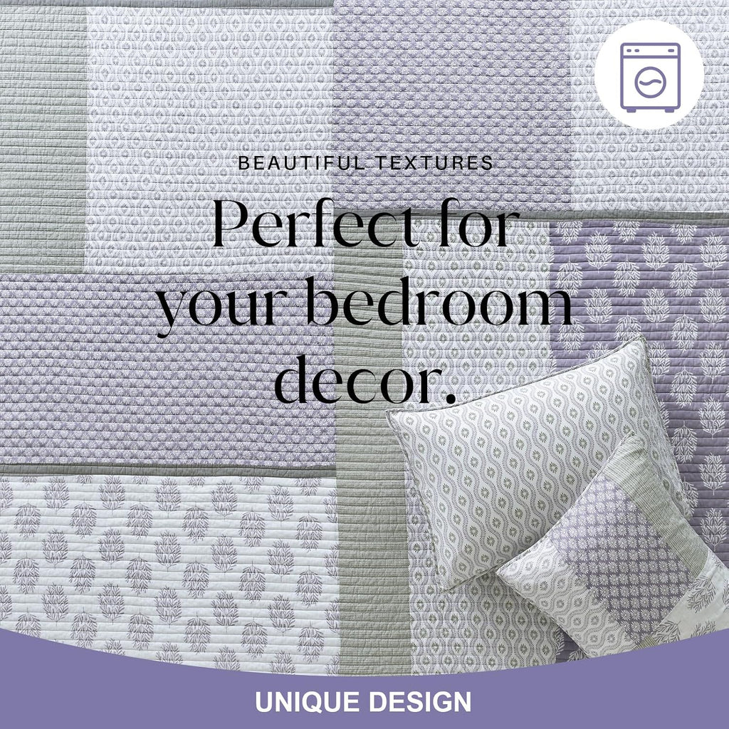 Y-PLWOMEN Quilts Queen Size, 100% Cotton Lightweight Soft Queen Quilt, Purple Grey White Quilted Bedspread, Patchwork Reversible Quilt Bedding Set All Season, 3-Pieces