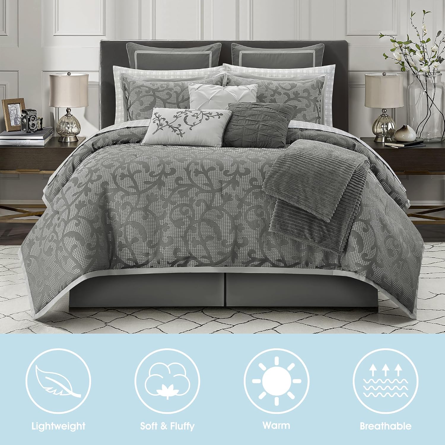 LANCO MODERN LIFESTYLE Grey Queen Comforter Set, Classic Jacquard Floral 14 Pieces Bedding Set, Ultra Soft for All Seasons, Sheets, Bedskirt, Throw, Matching Shams and Decor Pillows