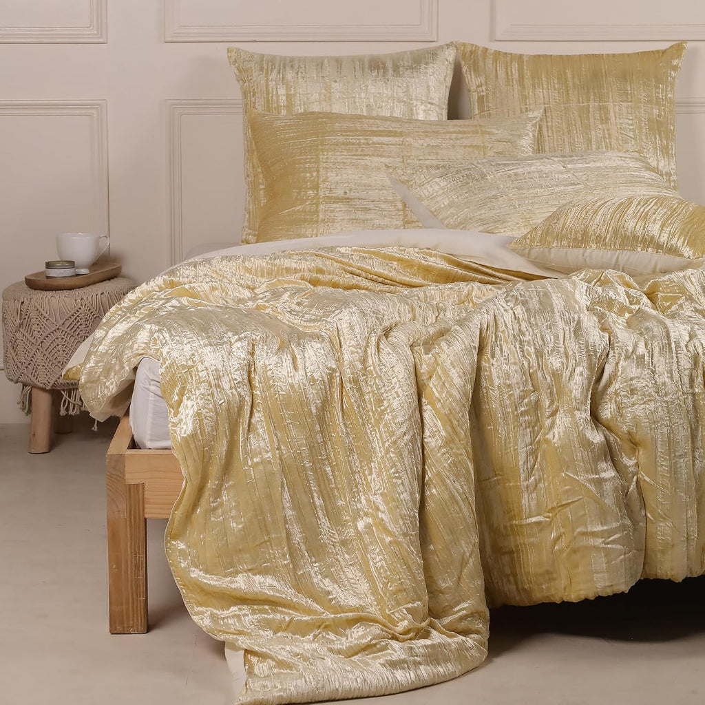 The Harry Creations 3 Pcs Set Solid Pattern Velvet Bedding Ultra Donna Crushed Luxury Boho Duvet Cover (Crush- Custard Yellow, Super King Plus 114' x 118')