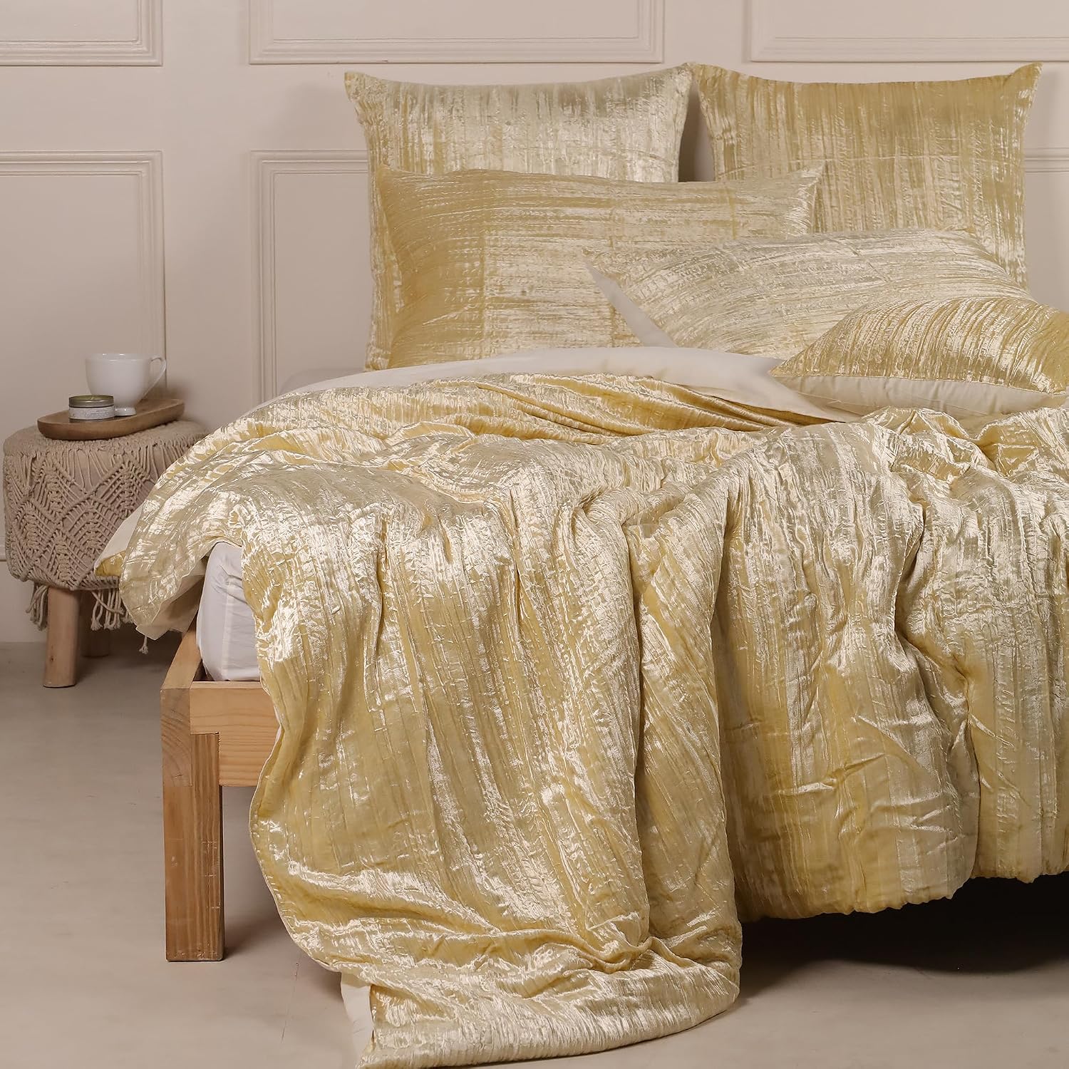 The Harry Creations 3 Pcs Set Solid Pattern Velvet Bedding Ultra Donna Crushed Luxury Boho Duvet Cover (Crush- Custard Yellow, Super King Plus 114' x 118')
