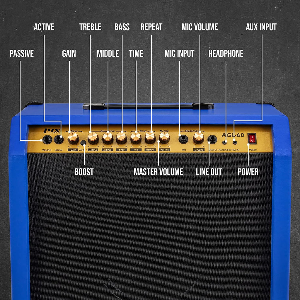 LyxPro 60 Watt Electric Guitar Amplifier | Combo Solid State Studio & Stage Amp with 10' 4-Ohm Speaker, Custom EQ Controls, Drive, Delay, ¼' Passive/Active/Mic Inputs, Aux in & Headphone Jack - Blue