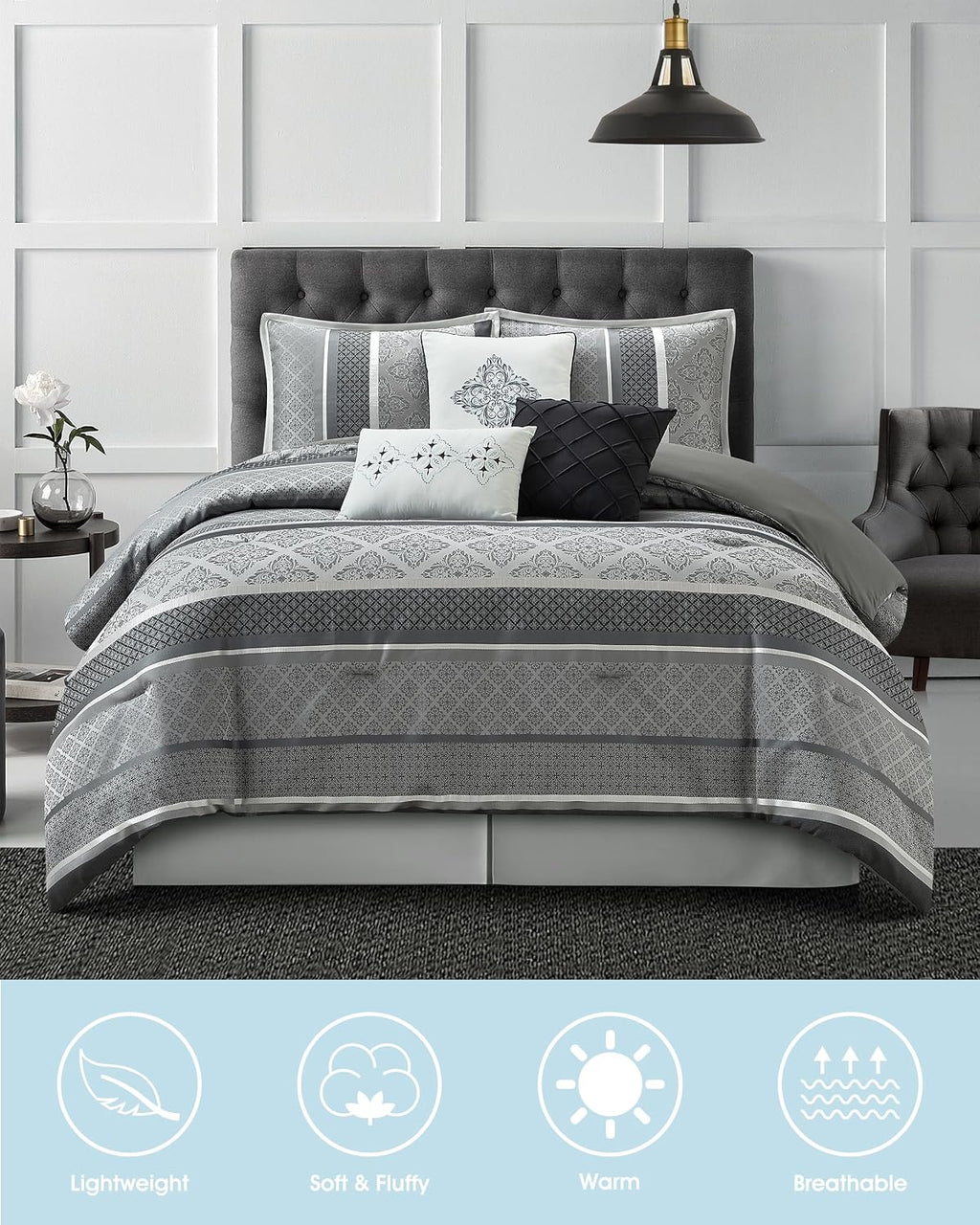 LANCO MODERN LIFESTYLE California King Comforter Set, Black Grey, Luxury Geometric Jacquard, All Seasons, 7 Pieces Bedding Set, Matching Shams, Bedskirt, Decorative Pillows