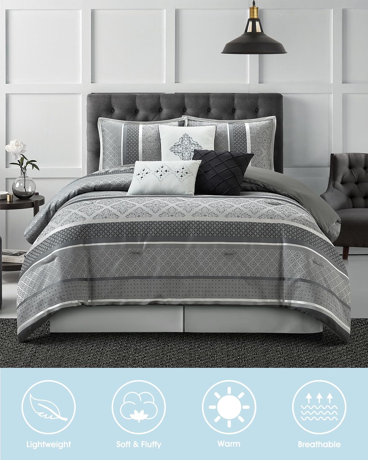 LANCO MODERN LIFESTYLE California King Comforter Set, Black Grey, Luxury Geometric Jacquard, All Seasons, 7 Pieces Bedding Set, Matching Shams, Bedskirt, Decorative Pillows