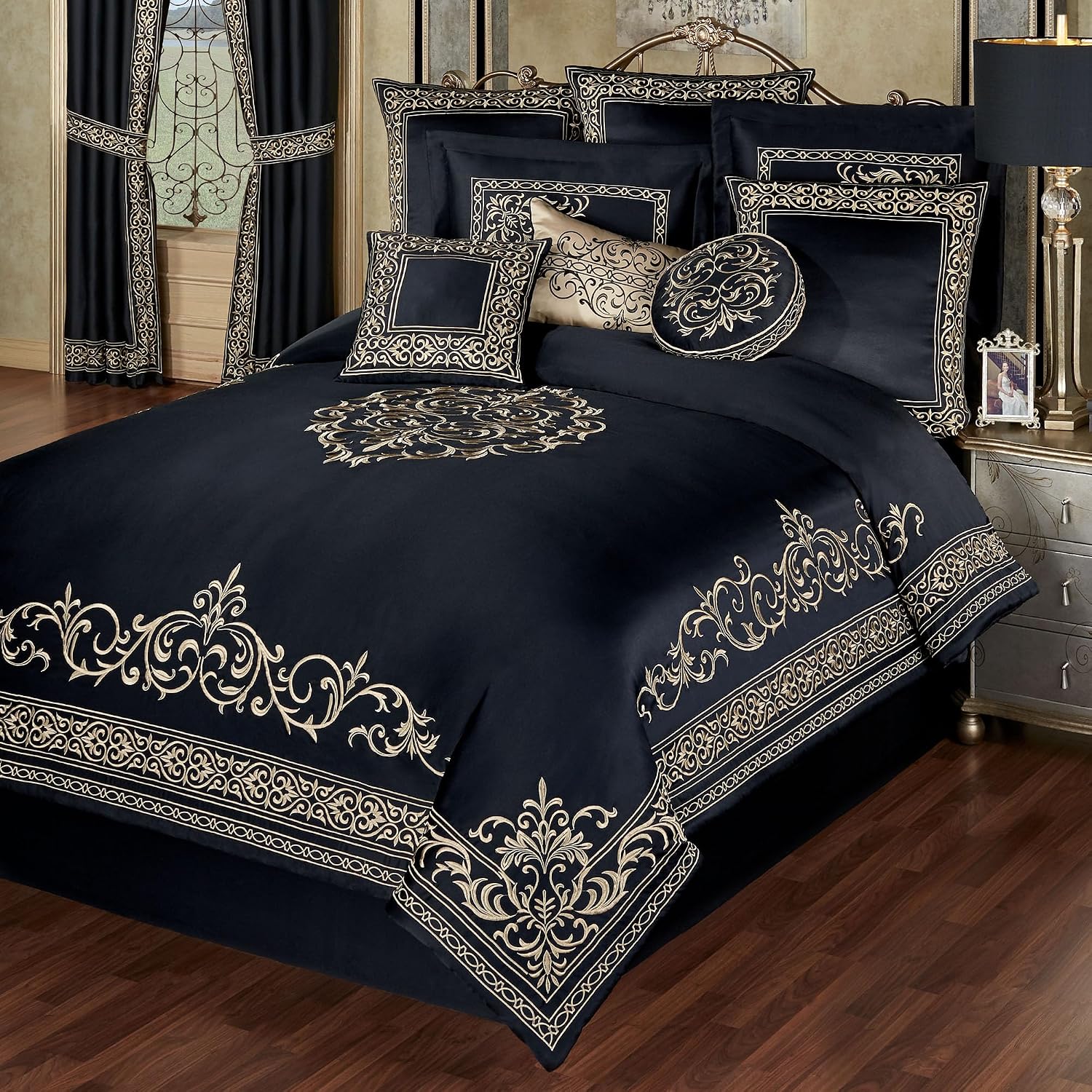 Kensington Luxury Bedding | Classic Black | Palace-Inspired Golden Scrollwork Embroidery | 11 Pc Set with Queen Comforter, Bedskirt, 2 Std Shams, 2 Euro Shams, 2 Euro Pillow Inserts, and 3 Pillows
