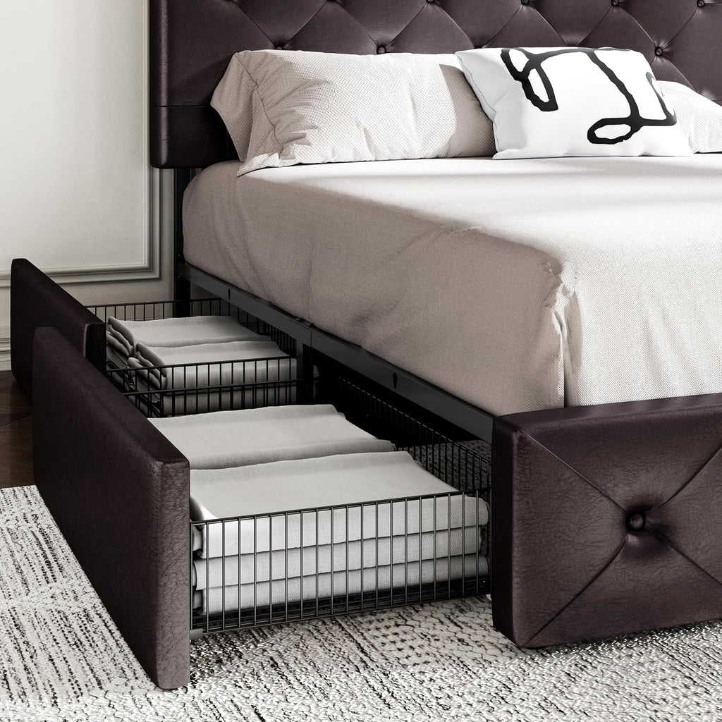 MUTICOR Full Size Bed Frame with 4 Storage Drawers, Upholstered Platform Bed with Button Tufted Adjustable Headboard, No Box Spring Needed, Easy Assembly, Diamond Tufted, Black Brown Leather