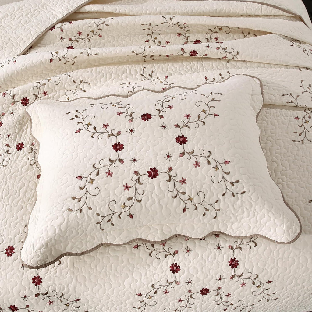ROOMLIFE Quilt Set Floral Leaves 3D Embroidery Pattern 3 PCS Cotton Reversible Quilted Embroidered Decorative Bedspreads Coverlet Set, Lightweight &Soft Queen Size Bedding Coverlet for All Season