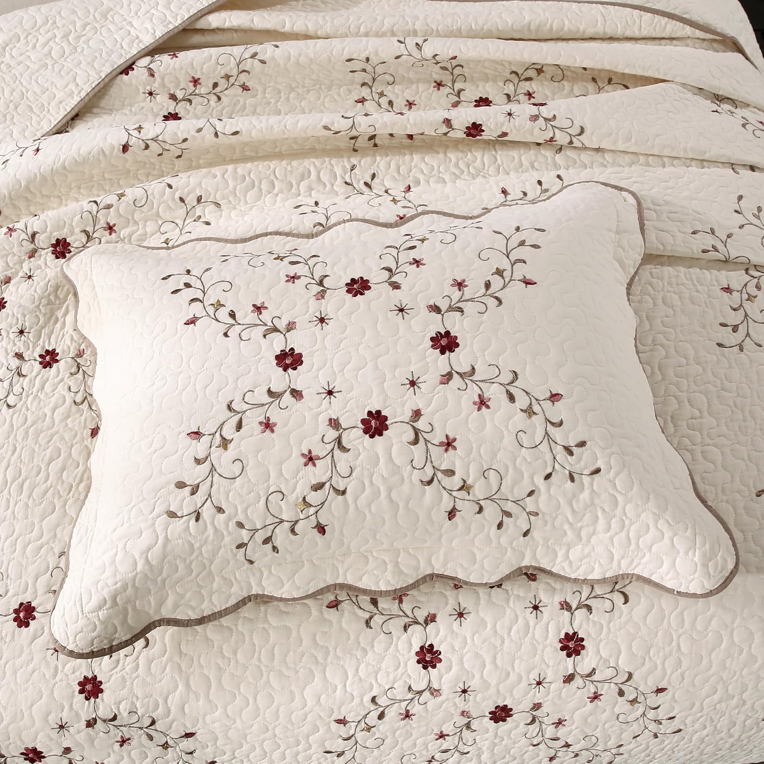 ROOMLIFE Quilt Set Floral Leaves 3D Embroidery Pattern 3 PCS Cotton Reversible Quilted Embroidered Decorative Bedspreads Coverlet Set, Lightweight &Soft Queen Size Bedding Coverlet for All Season