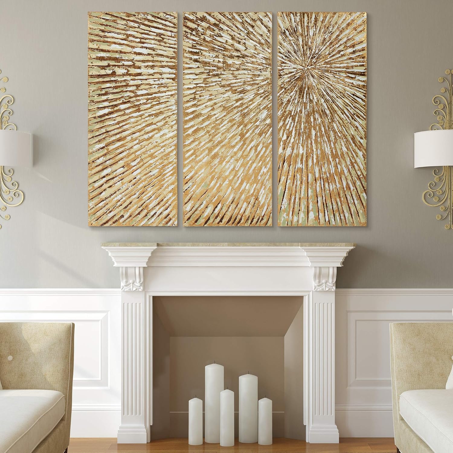Empire Art Direct Gold Wall Art Textured Hand Painted Canvas by Martin Edwards, Triptych, 48' x 20' each, Sunshine