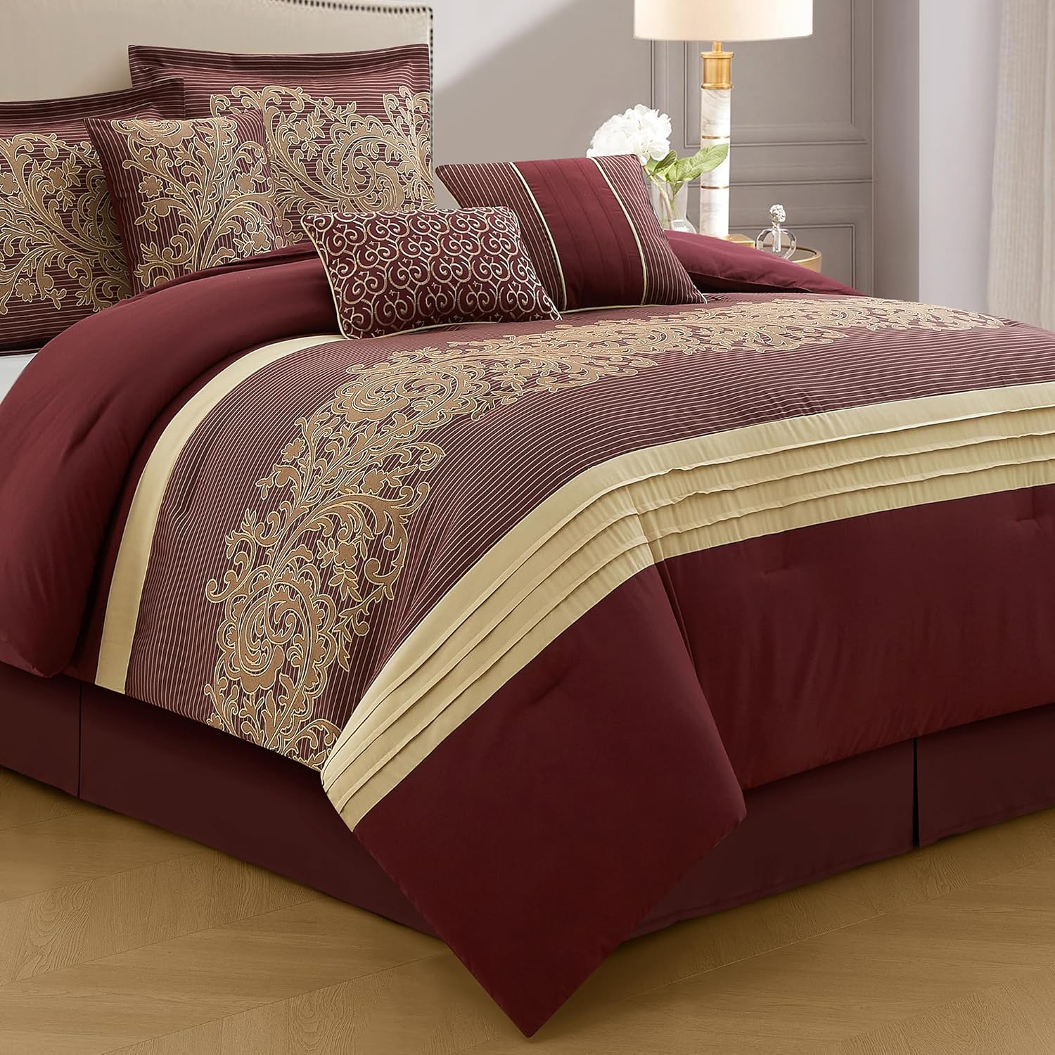 LANCO MODERN LIFESTYLE Red Gold Comforter Set, California King, Damask Jacquard with Matching Solid Piece Work, 7 Piece Soft Bedding Set for All Season, Bed Skirt, Pillow Shams and Decorative Pillows