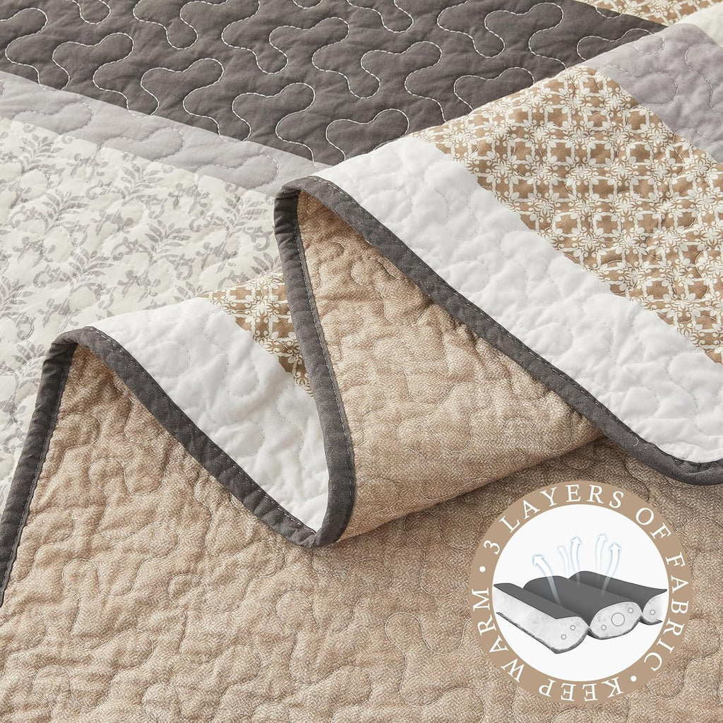 Farmhouse Oversized King Bedspread 128'x120' - 100% Cotton Lightweight California King Quilt Set, Reversible Botanical Striped Pattern Extra Wide Quilted Bedding Coverlet, 3 Pcs, Khaki/Gray