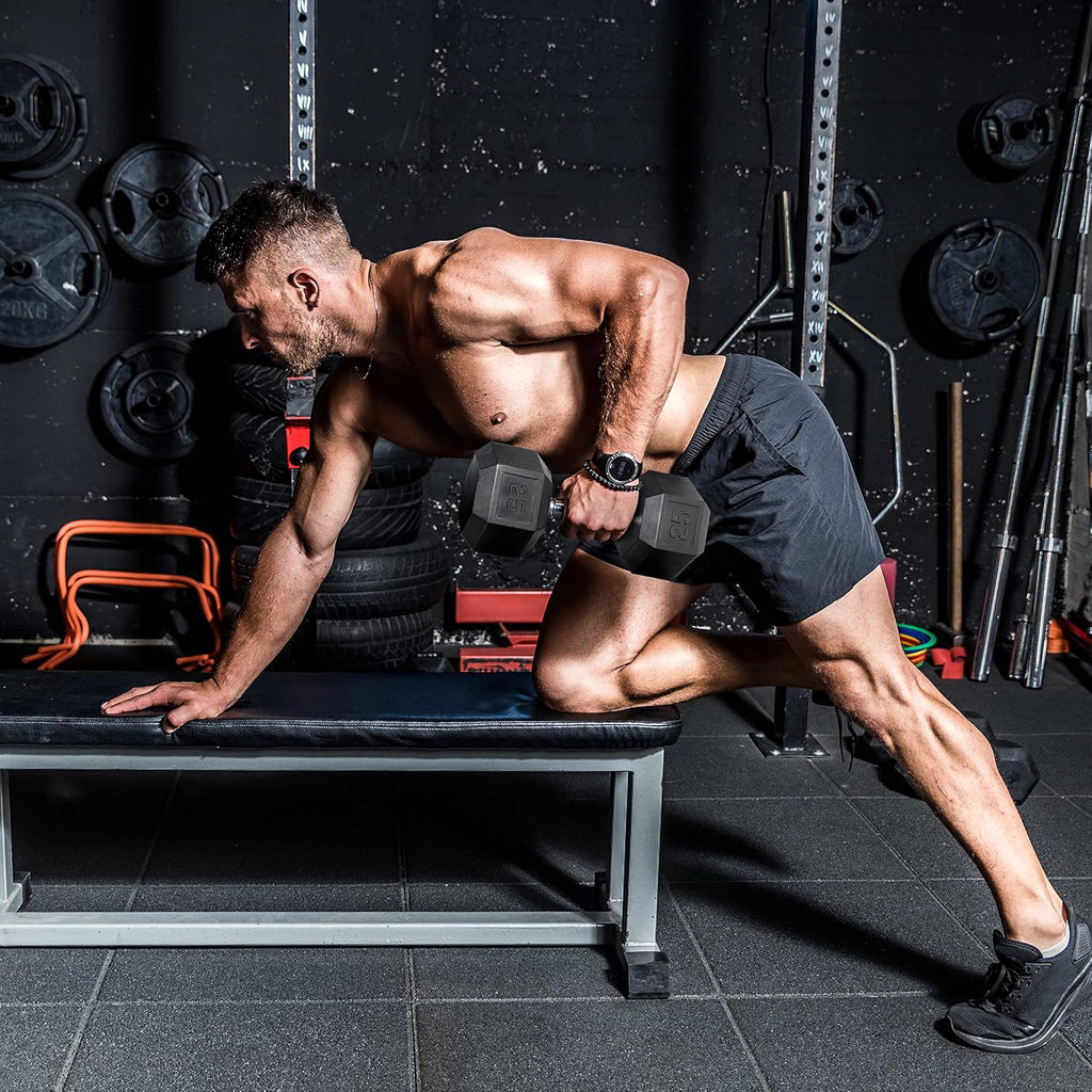 WF Athletic Supply 5-25Lb Rubber Coated Hex Dumbbell Set with A Frame Storage Rack Non-Slip Hex Shape for Muscle Toning, Strength Building & Weight Loss - Multiple Choices Available