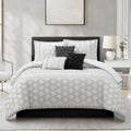 Grand Avenue 7 Piece White Black Comforter Set, Queen Size Clip Bedding Set, All Season Geometric Bedding Set, Matching Pillows, Shams, Bed Skirt