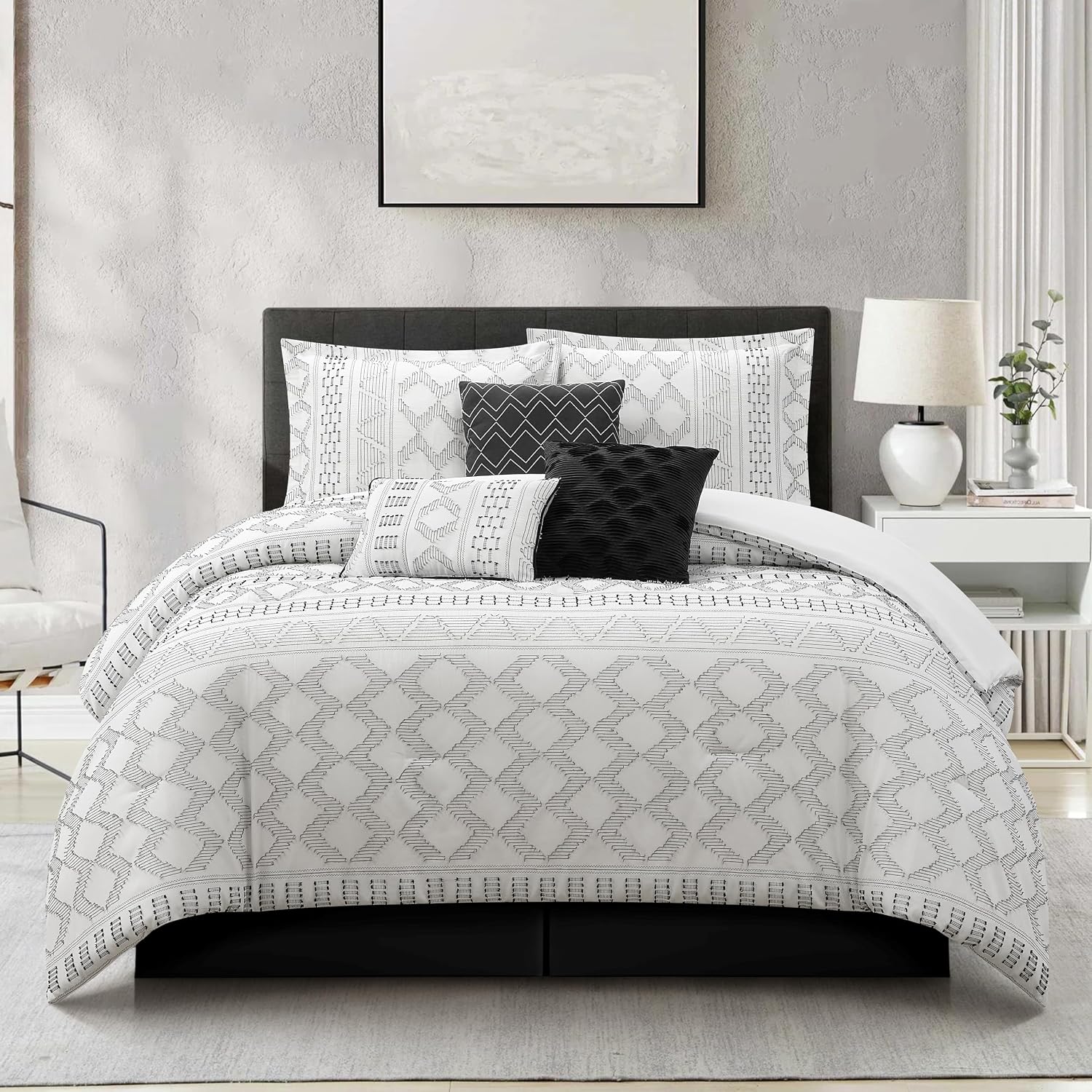 Grand Avenue 7 Piece White Black Comforter Set, Queen Size Clip Bedding Set, All Season Geometric Bedding Set, Matching Pillows, Shams, Bed Skirt